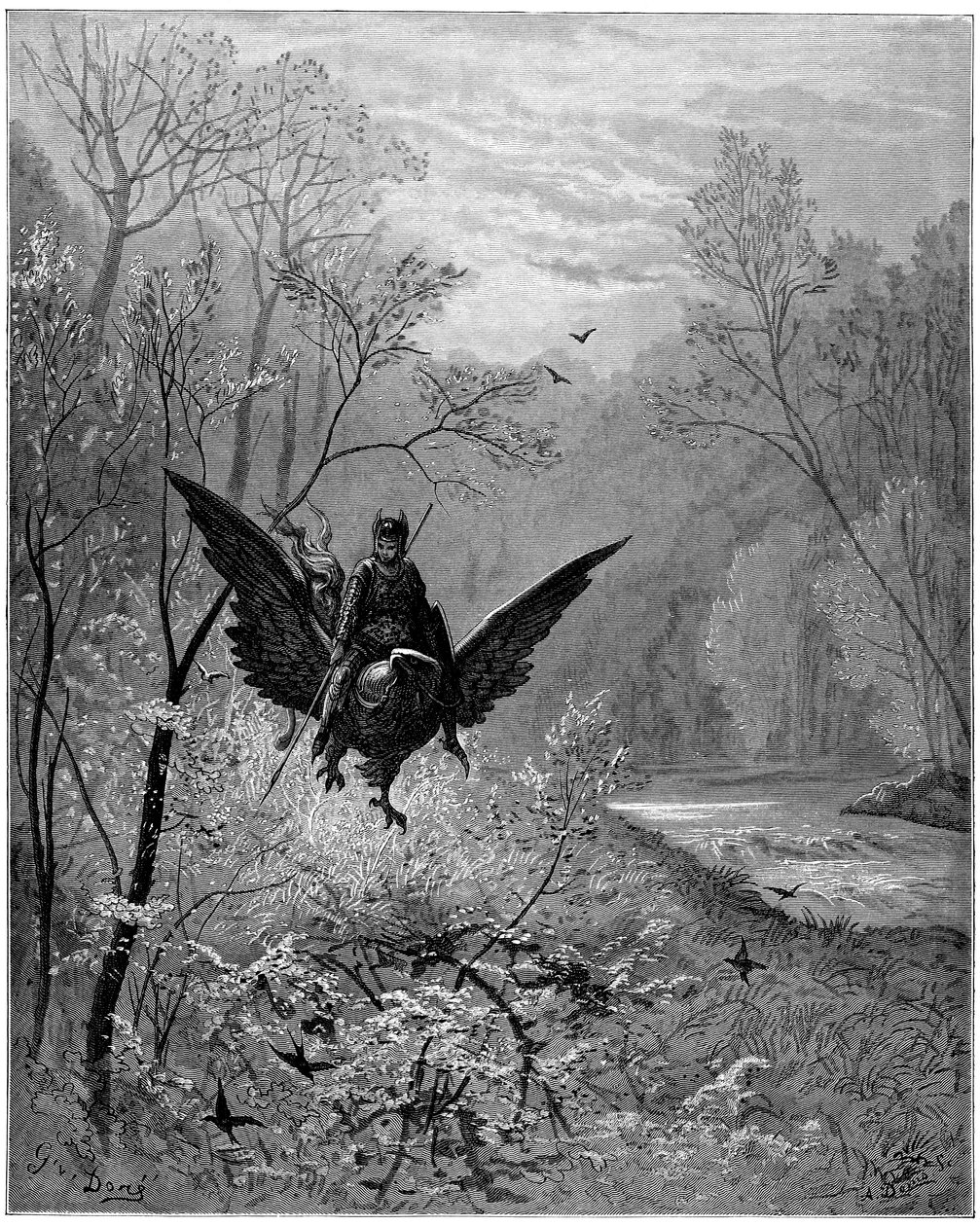 Hippogriff, johon ritari Ruggiero (Roger, Ruggero) kiipeää, saapuu nauravalle seudulle - Gustave Doren kaiverrus, joka kuvittaa Ludovico Arioston (1474-1533) dit l