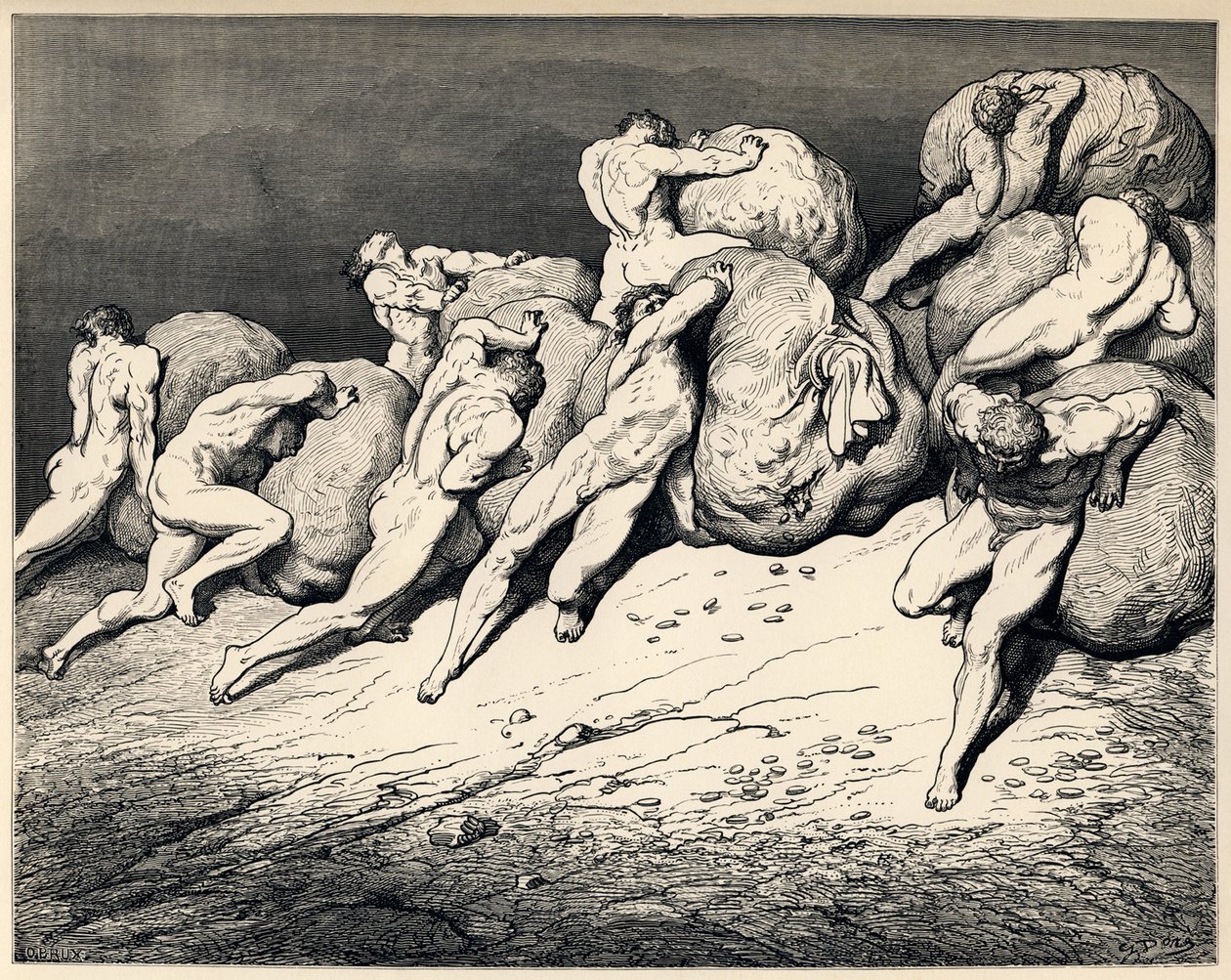 Haastajat ja tuhlaajat. Kuvitus Dante Alighierin jumalalliseen komediaan, 1857 tekijältä Gustave Dore