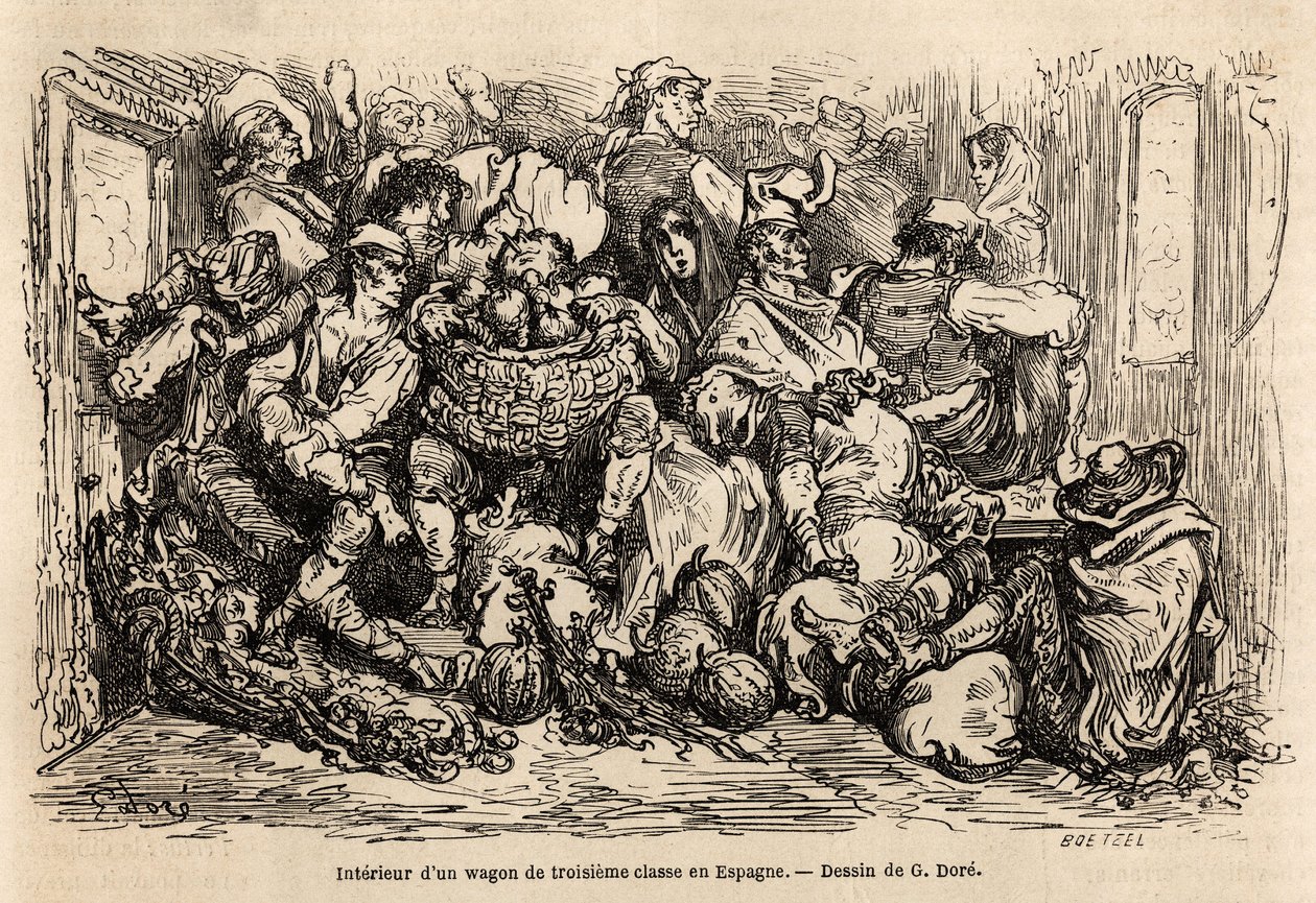Kolmannen luokan vaunun sisustus Espanjassa, Gustave Doren (1832-1883) piirustus havainnollistamaan hänen matkaansa Espanjaan C. Davillierin kanssa vuonna 1862. Kaiverrus kirjaan "" Le tour du monde ", toimittanut Edouard Charton tekijältä Gustave Dore