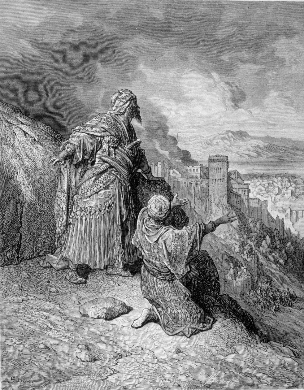 Viimeiset arabikuninkaat hylkäsivät Granadan katolisten piirityksen jälkeen vuonna 1492. Gustave Dorén kaiverrus tekijältä Gustave Dore