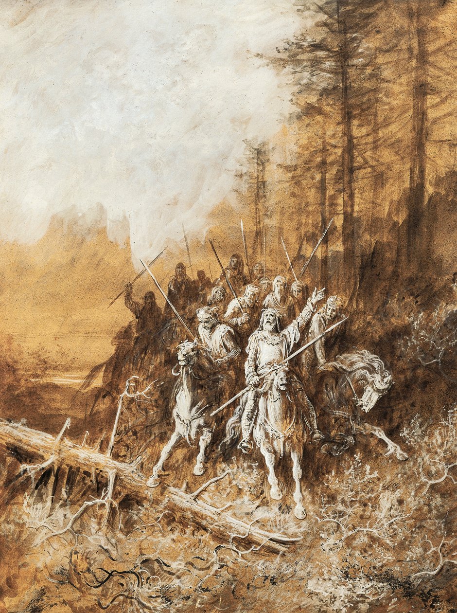 Ritarien marssi, kuvitus runosarjaan, Albert Tennysonin (1809-1892) Kuninkaan idyllit, Gustave Doren akvarelli (1832-1883) tekijältä Gustave Dore