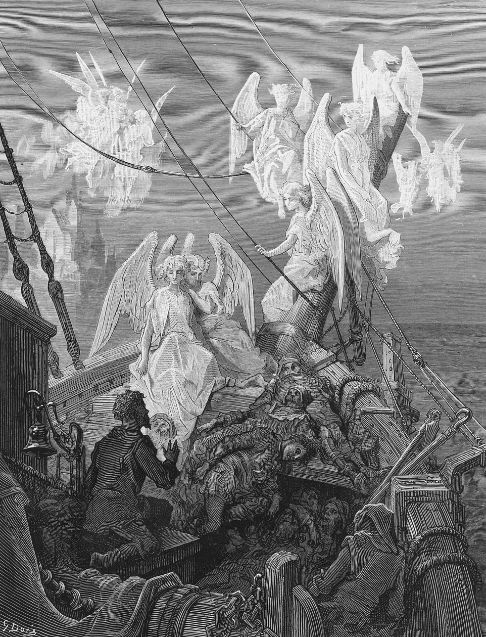 Merimies näkee enkelihenkien joukon, kohtauksen S.T.:n The Rime of the Ancient Marinerista. Coleridge, julkaisija Harper und Brothers, New York, 1876 (puukaiverrus) tekijältä Gustave Dore