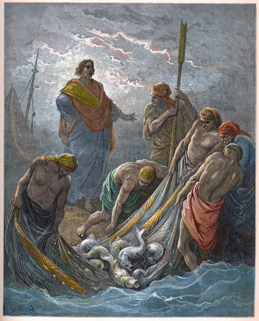 Ihmeellinen kalojen luonnos - Miraculous Fishing - - Kaiverrus Gustave Doren (1832-1883) "The Bible illustree" -kirjaan - Kaiverrus "" Dore Biblesta"" tekijältä Gustave Dore