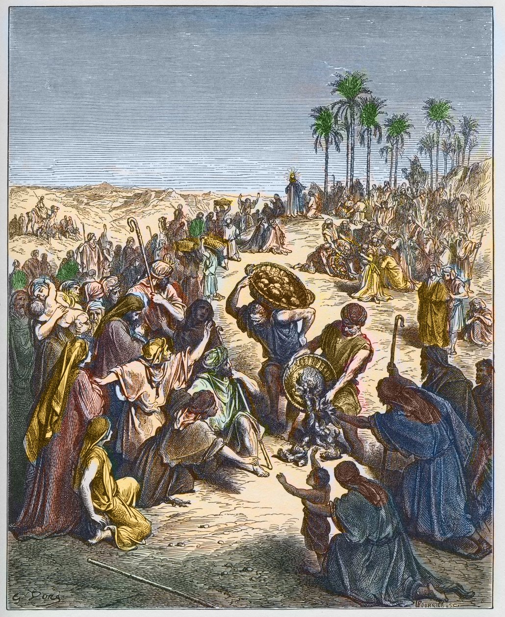 Leivän lisääntyminen - Kristus ruokkimassa väkilukua (Abundance Bread Christianity Crowd Engraving Fish) - Kaiverrus Gustave Doren (1832-1883) "The Bible illustree" -kaiverrukseen "" The Dore Biblesta"" tekijältä Gustave Dore