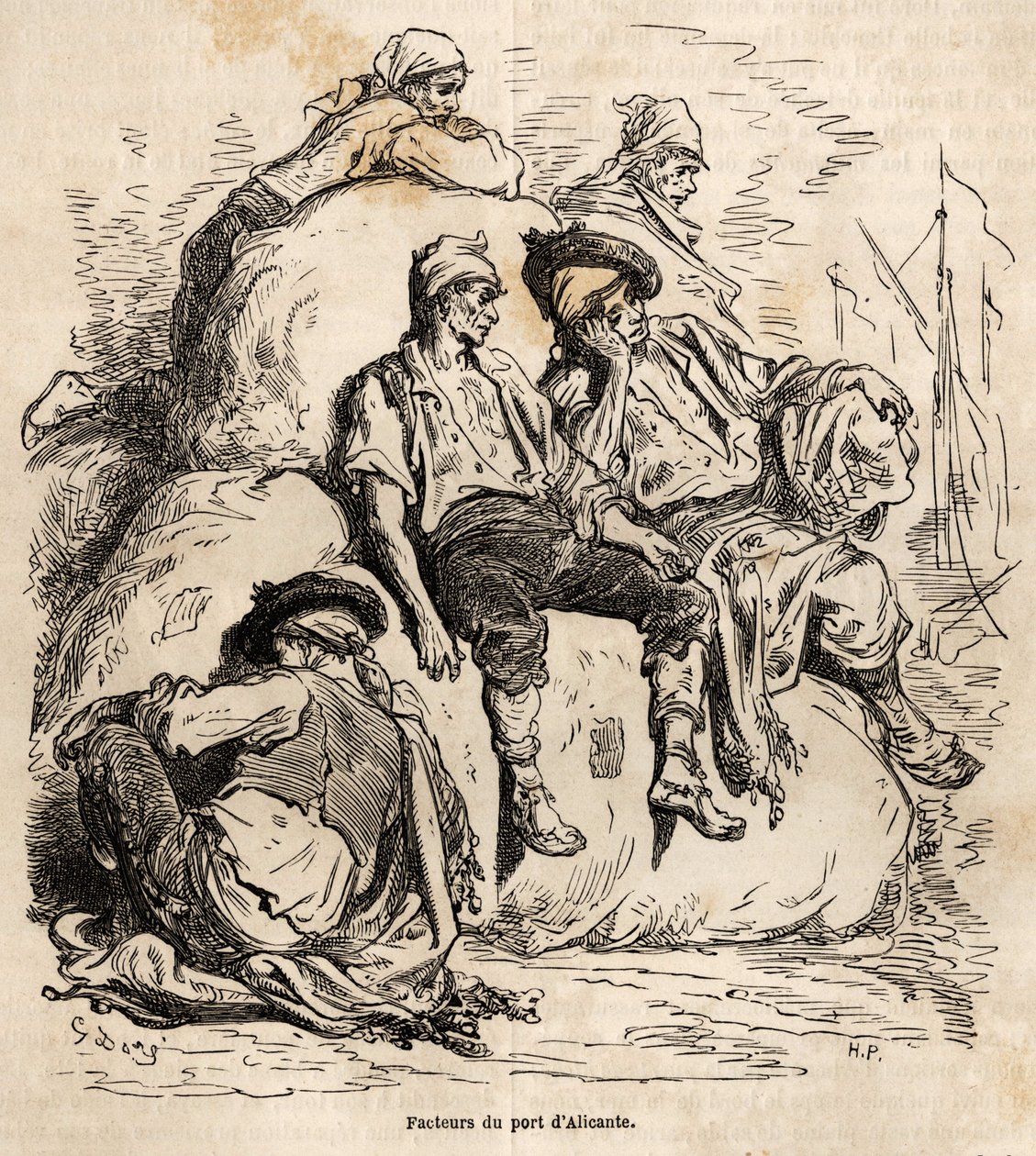 Alicanten sataman kuljetusalusten päiväunet, Gustave Doren (1832-1883) vilkkaasta kuvasta tehty sketsi havainnollistamaan hänen matkaansa Espanjaan vuonna 1862 Ch. Davillier. Kaiverrus kirjassa "" Le tour du monde", toimittanut Edouard Charton tekijältä Gustave Dore