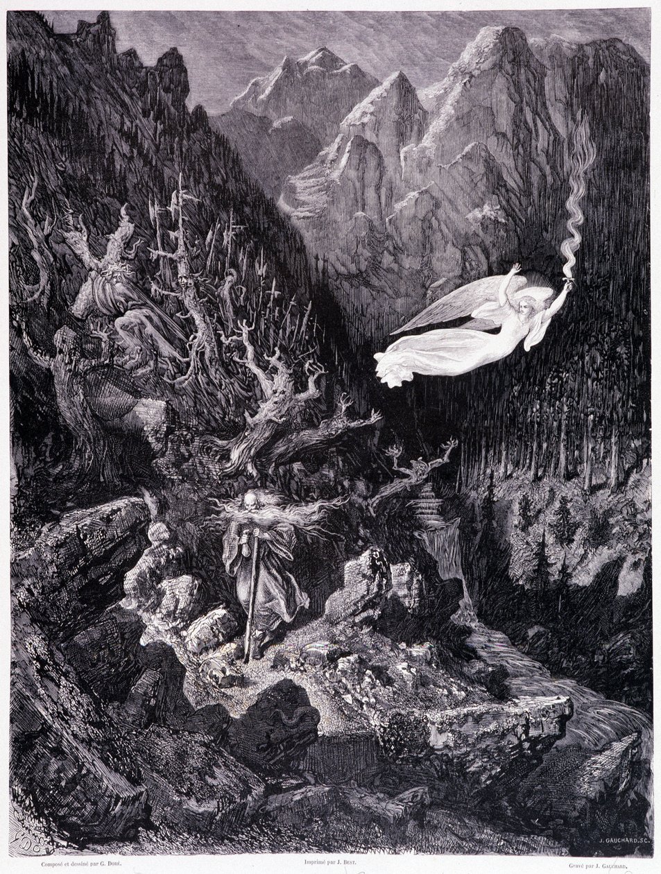 Vihamielisessa maisemassa kävelevän vanhan miehen, jolla on kukkaro ja keppi kävelemässä, ylittää tulinopeudella heiluttava enkeli, levy VII - Gustave Doren (1832-1883) kuvitus, Pierre Dupontin La legende du Jew vaelteleva, Edition Librairie du magasin p tekijältä Gustave Dore