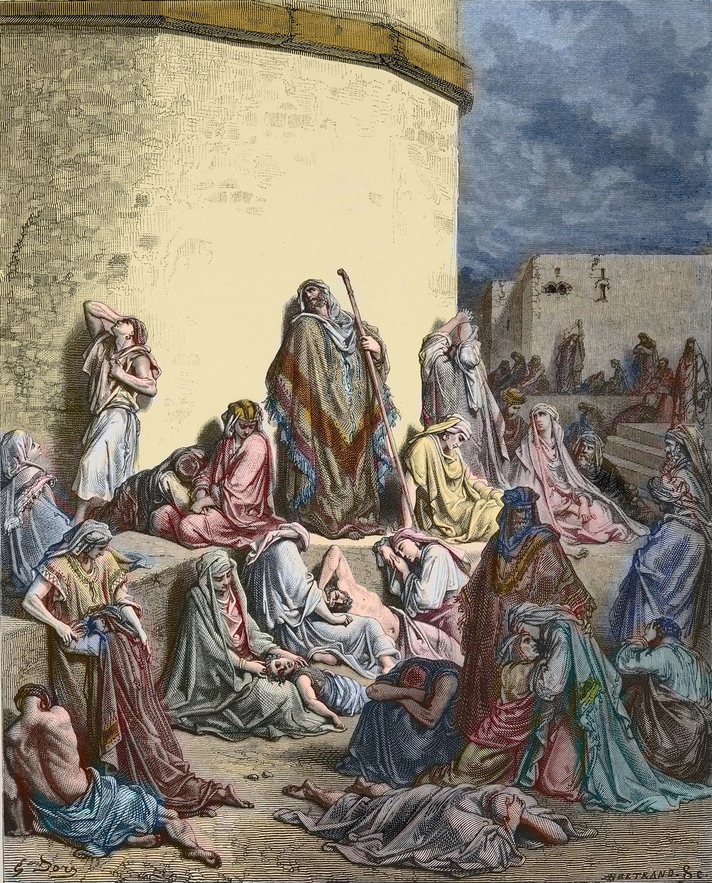 Israelin kansa suree Jerusalemia - Vanha testamentti - Jeremian valituslaulut - Kansa itkee Jerusalemin raunioissa - - Gustave Doren kaiverrus - myöhempi väritys tekijältä Gustave Dore