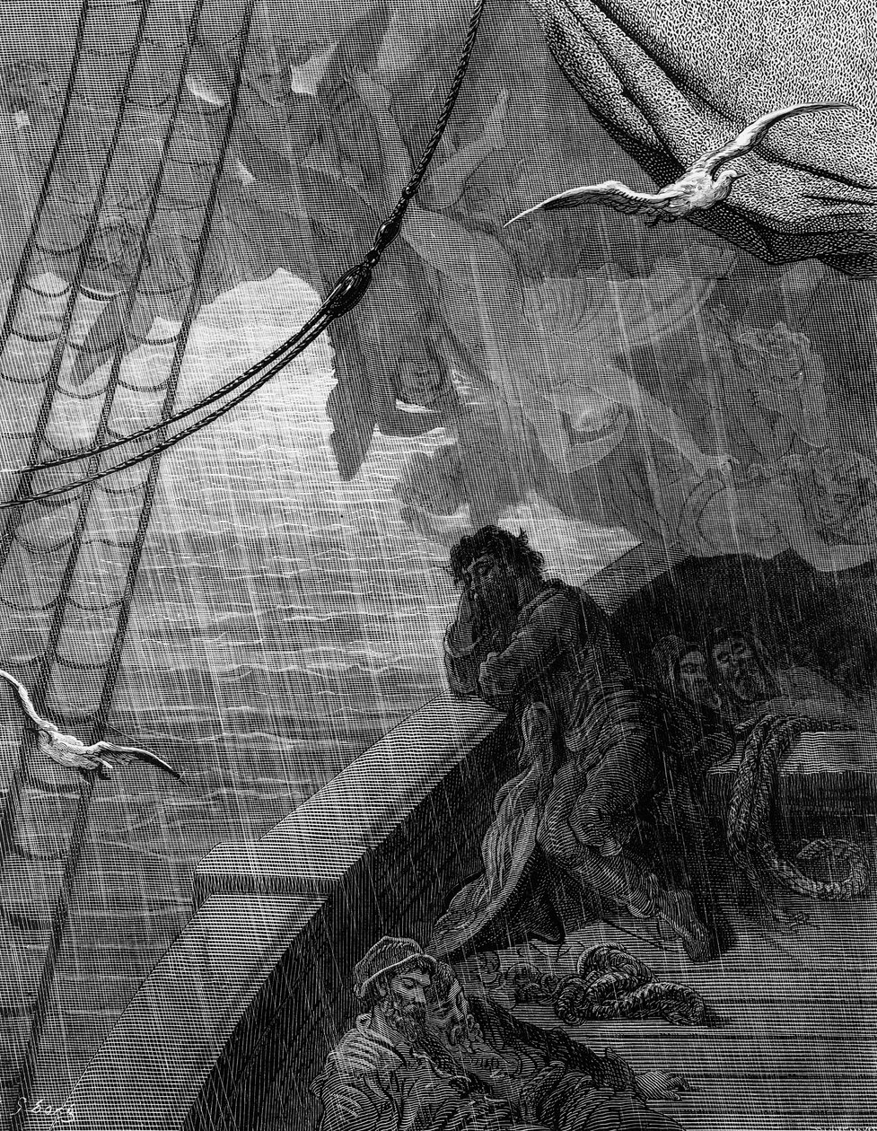 Sade alkaa sataa, kohtaus S.T.:n elokuvasta The Rime of the Ancient Mariner. Coleridge, julkaisija Harper und Brothers, New York, 1876 (puukaiverrus) tekijältä Gustave Dore