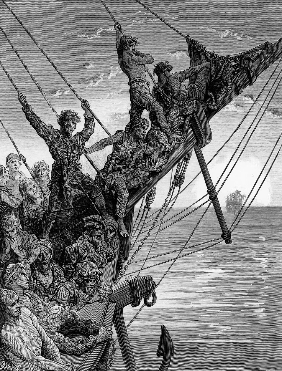 Merimiehet näkevät etäisyydellä aavemaisen laivan, kohtauksen S.T.:n teoksesta The Rime of the Ancient Mariner. Coleridge, julkaisija Harper und Brothers, New York, 1876 (puukaiverrus) tekijältä Gustave Dore