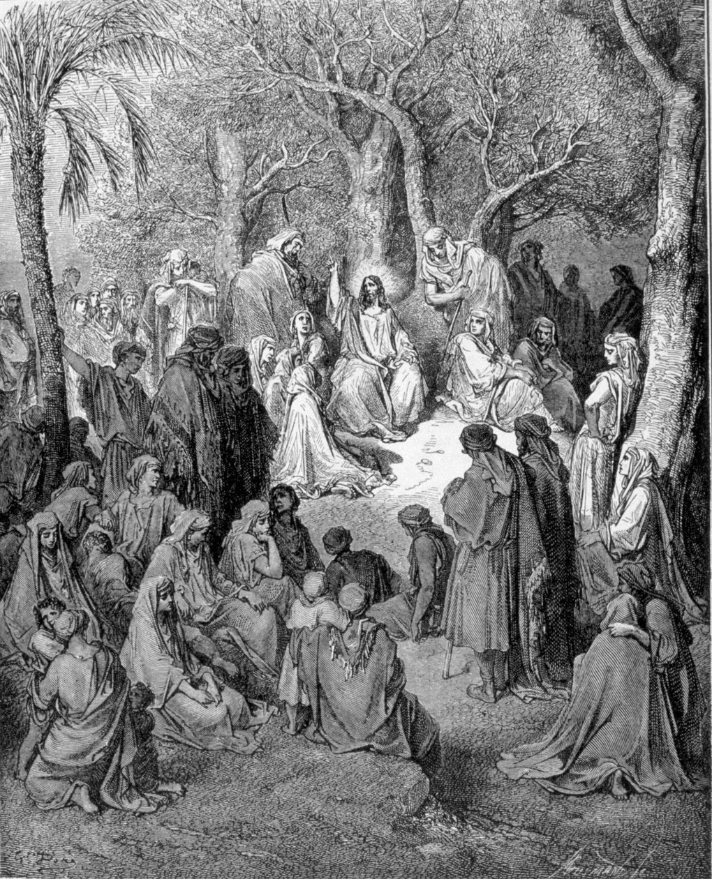 Vuoren saarna: Jeesus Kristus saarnaa kaikkien opetuslastensa edessä. Gustave Doren (1832-1883) kuvitus Raamatusta (Uusi testamentti) 1866 tekijältä Gustave Dore