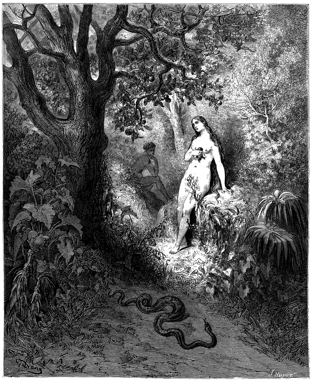 Käärme on matkalla Aatamin ja Eevan luo. Gustave Doren kuvitus John Miltonin (1608-1674) "Kadotettu paratiisi" - Kiusaus - Kalastus - Kaiverrus vuodelta 1866. Yksityiskokoelma tekijältä Gustave Dore