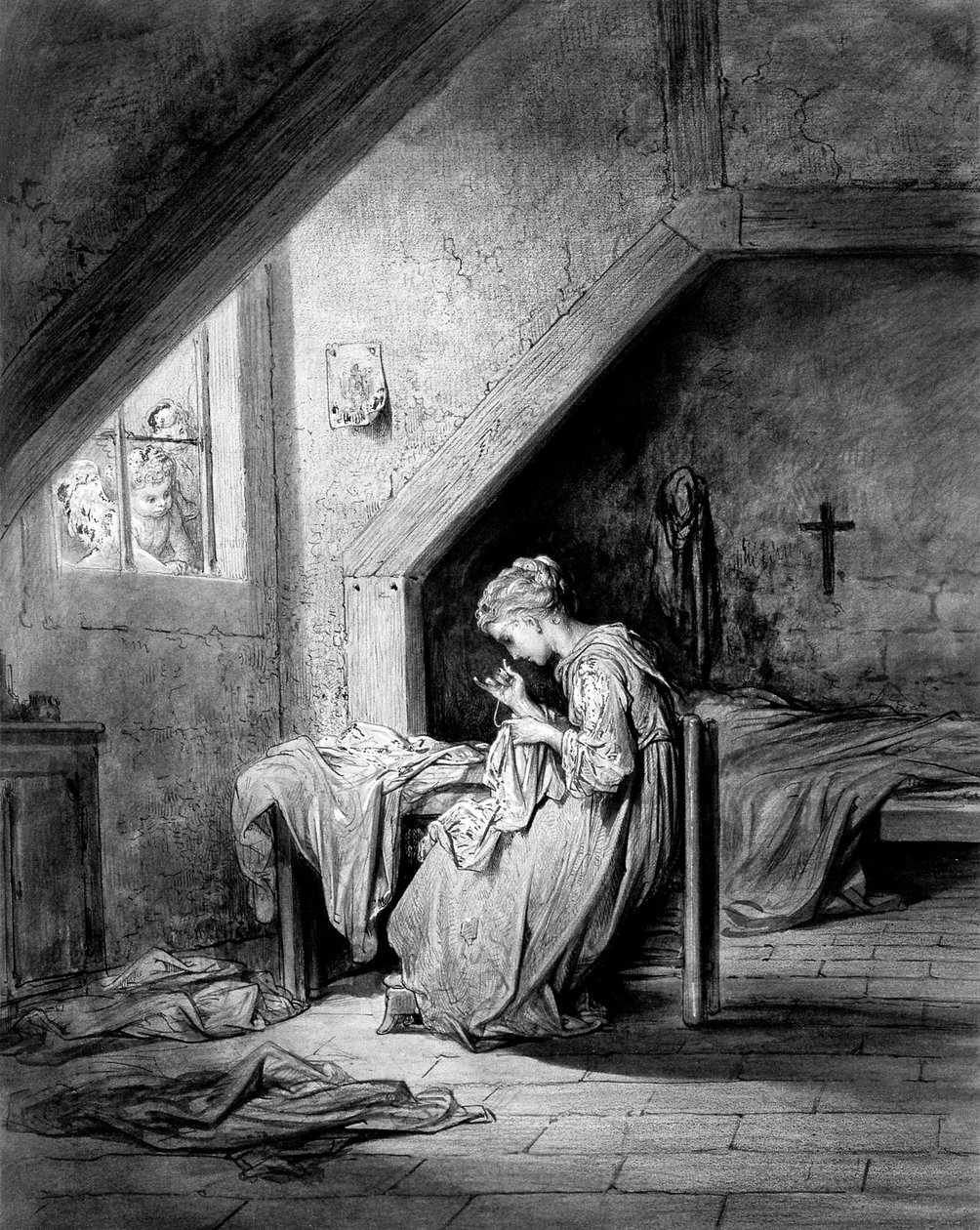 Paidan laulu Thomas Hood toim. Moxon - Köyhä couturiere ompelee paitaa makuuhuoneessa, sängyn yläpuolella roikkuu krusifiksi. kuvitus (piirros) Gustave Dore noin 1870 - Tämän kaiverruksen luonnos on Strasbourgin Musee d