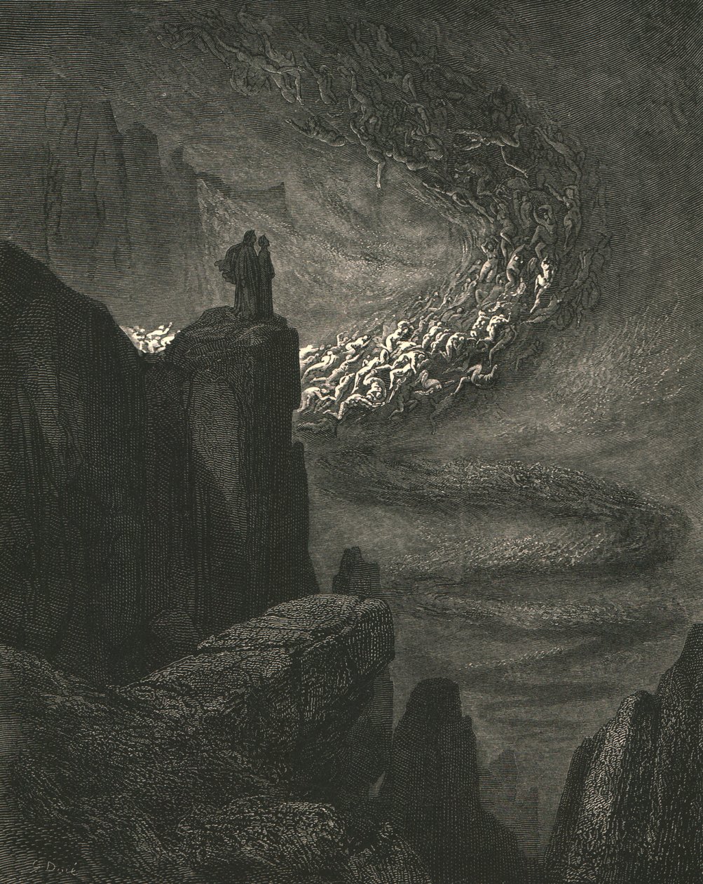 Helvetin myrskyinen räjähdys levottomalla raivolla ajaa henget eteenpäin, c1890. tekijältä Gustave Dore