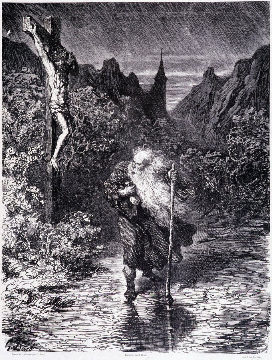 Vaeltava juutalainen ohimennen lähellä Golgatata - Gustave Doré, Kuvakauniin kirjakaupan "Legenda vaelvasta juutalaista" tekijältä Gustave Dore