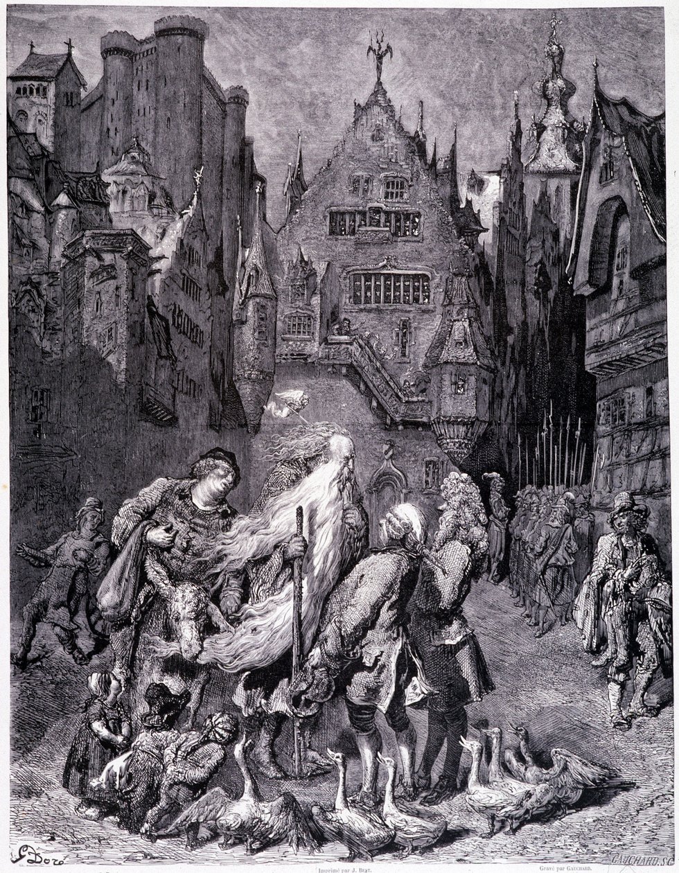 Vaeltava juutalainen uteliaiden ympäröimänä kaupungissa - Gustave Doré, maalauksellisen myymälän kirjakaupan "Legenda vaelvasta juutalaista" tekijältä Gustave Dore