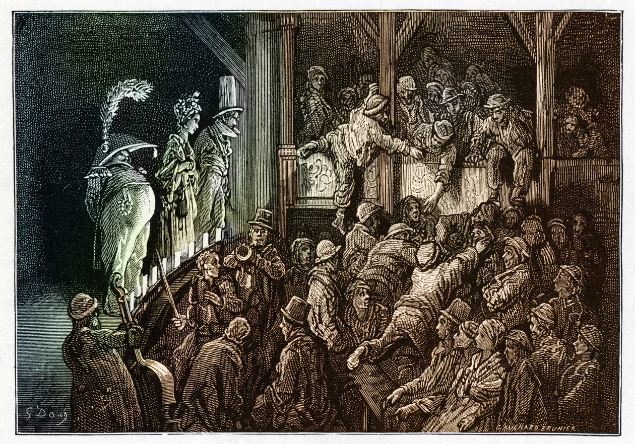 Teatteri: yleisö teatteriesityksen aikana. Värikäs kaiverrus teoksesta "" Lontoo, pyhiinvaellusmatka "", jonka on kuvittanut Gustave Dore (1832-1883). tekijältä Gustave Dore