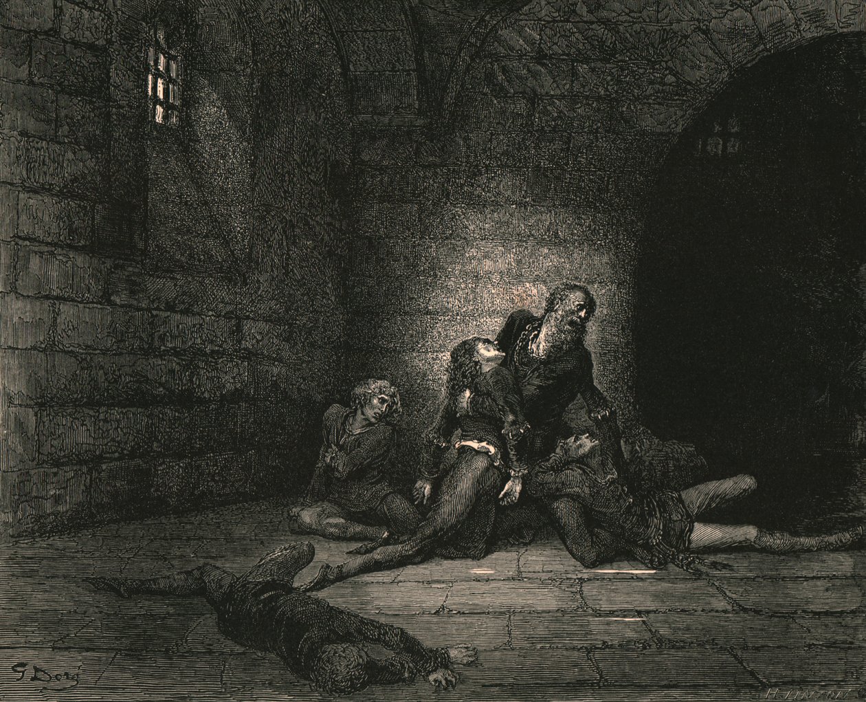Sitten Geddo jalkojeni juuressa ojennettuna heitti häntä huutaen: "Ei ole apua minulle, isäni!", c1890. tekijältä Gustave Dore