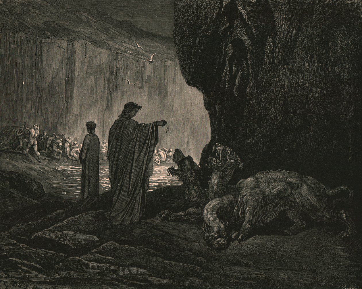 Sitten oppaani, hänen kämmenensä leviämässä maahan, c1890. tekijältä Gustave Dore