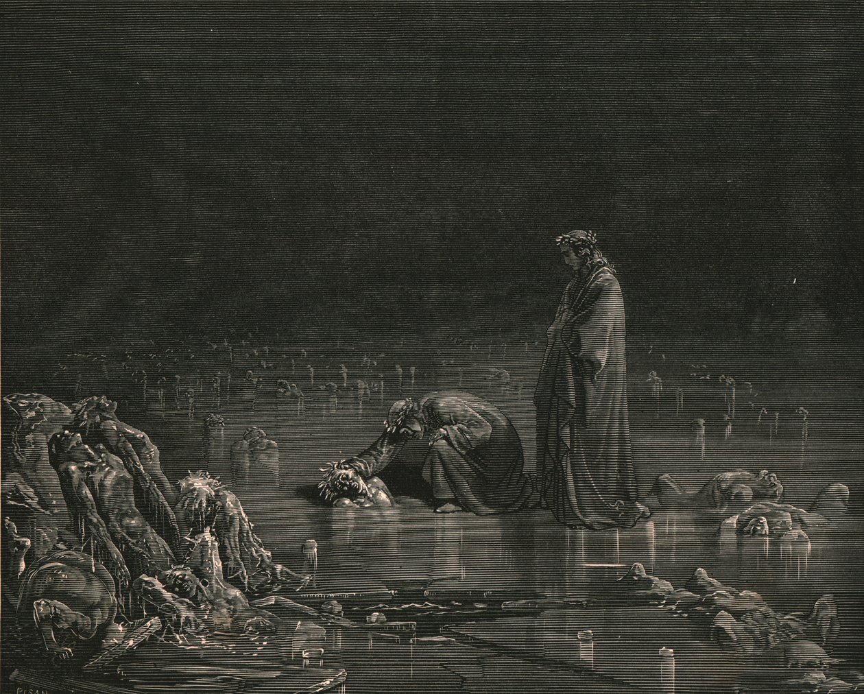 Sitten tarttuin hänen hiuspohjaansa ja huusin: Nimeä sinua, tai ei hiukset jää tänne, c1890. tekijältä Gustave Dore