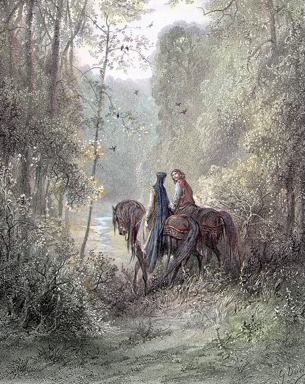 He eksyivät lehtojen alle, jotka näyttivät kukkien paratiisilta (Guenièvre ja Lancelot) - Alfred Tennysonin "" Guenièvre -kirjassa", sairas. Kirjailija: Gustave Doré Paris, Librairie Hachette et Cie tekijältä Gustave Dore