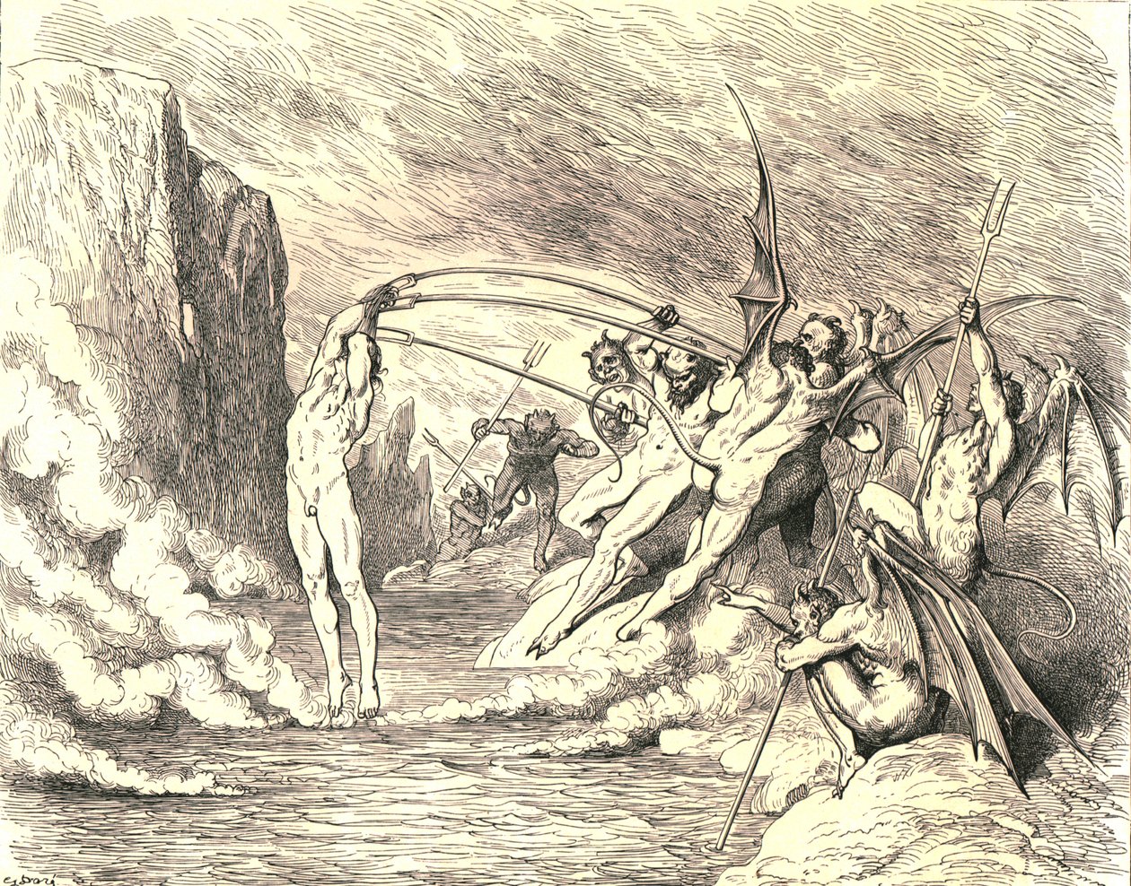 Tämän mukaan he tarttuivat häneen yli sadalla koukulla, c1890. tekijältä Gustave Dore