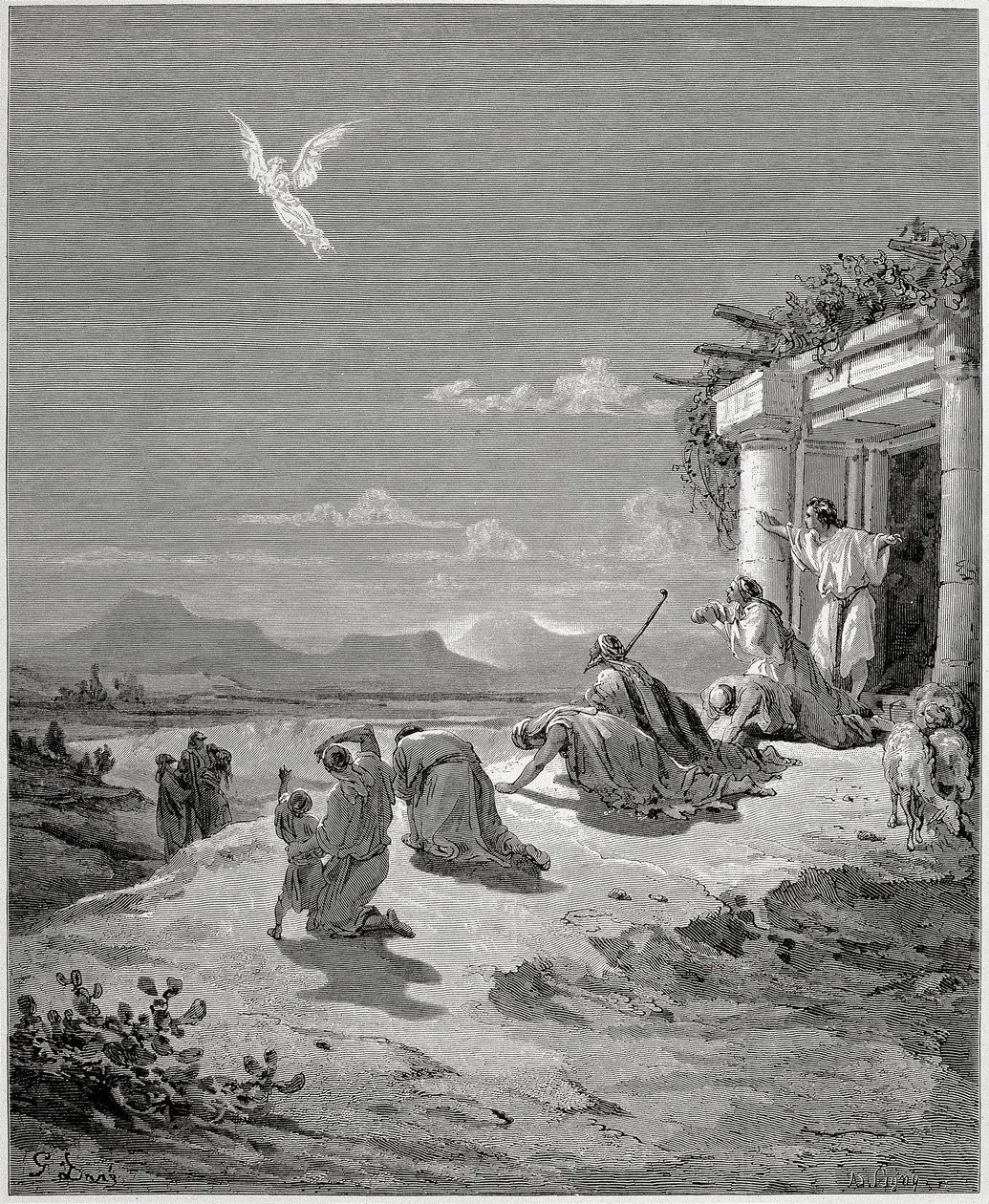 Tobiaksen perhe näkee enkeli Rafaelin katoavan tekijältä Gustave Dore