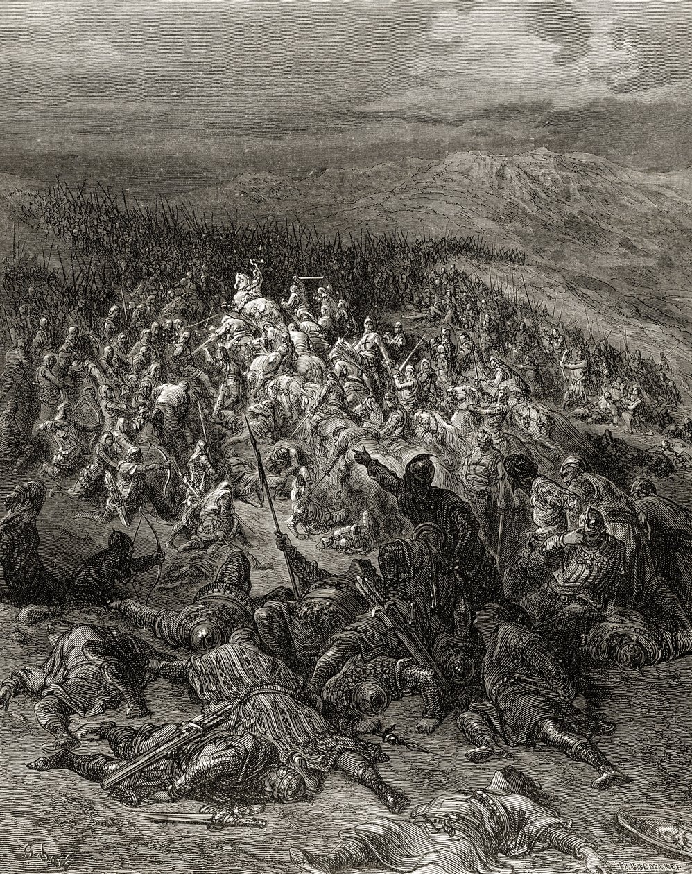 Kaksisataa ritaria hyökkää 20 000 saraseenin kimppuun, kuvitus J-F:n Bibliotheque des Croisadesista. Michaud, 1877 tekijältä Gustave Dore