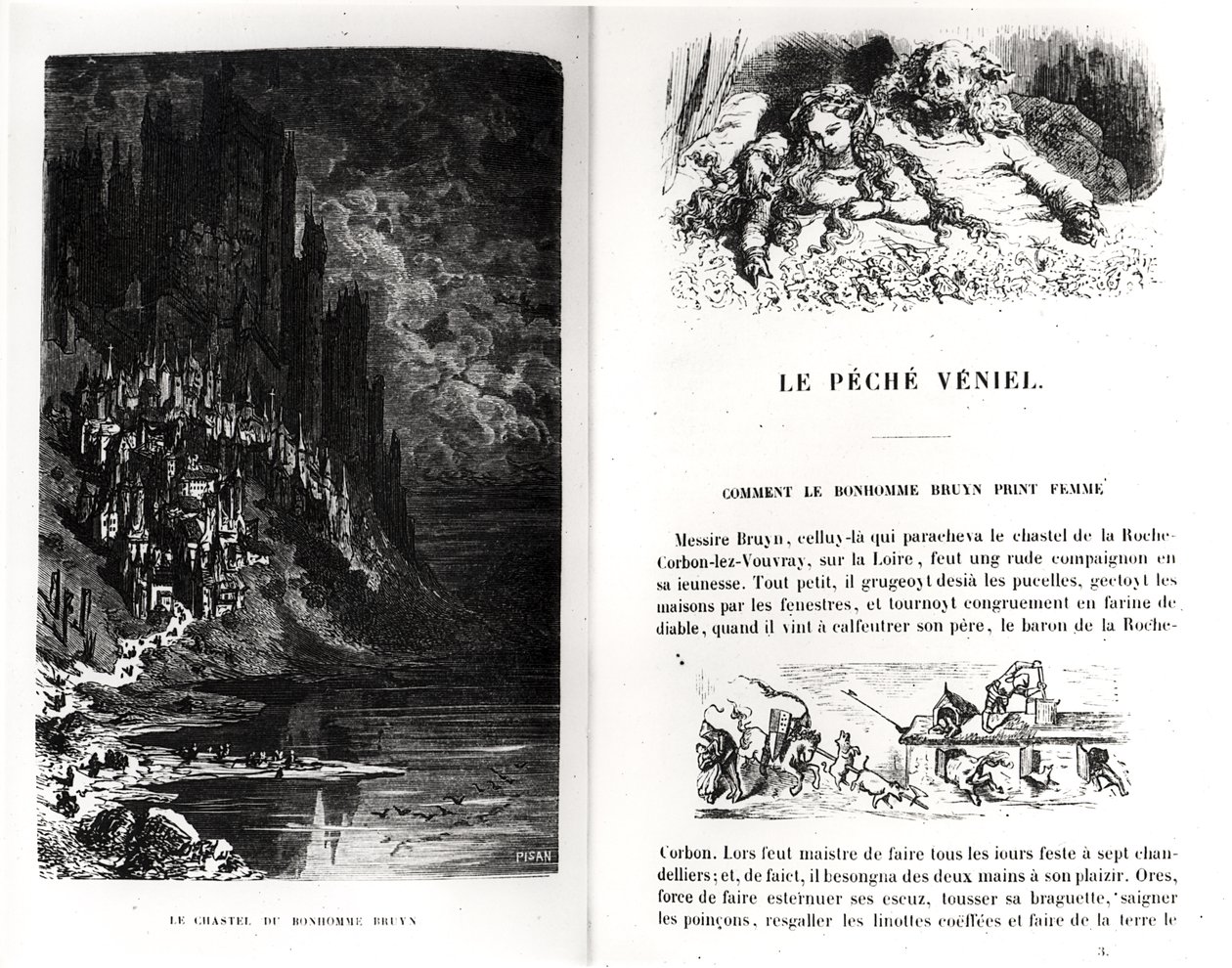 Kaksi kuvitettua sivua Honore de Balzacin (1799-1850) Les Contes Drolatiquesista, kaiverrettu Heliodore Joseph Pisan (1822-90) tekijältä Gustave Dore