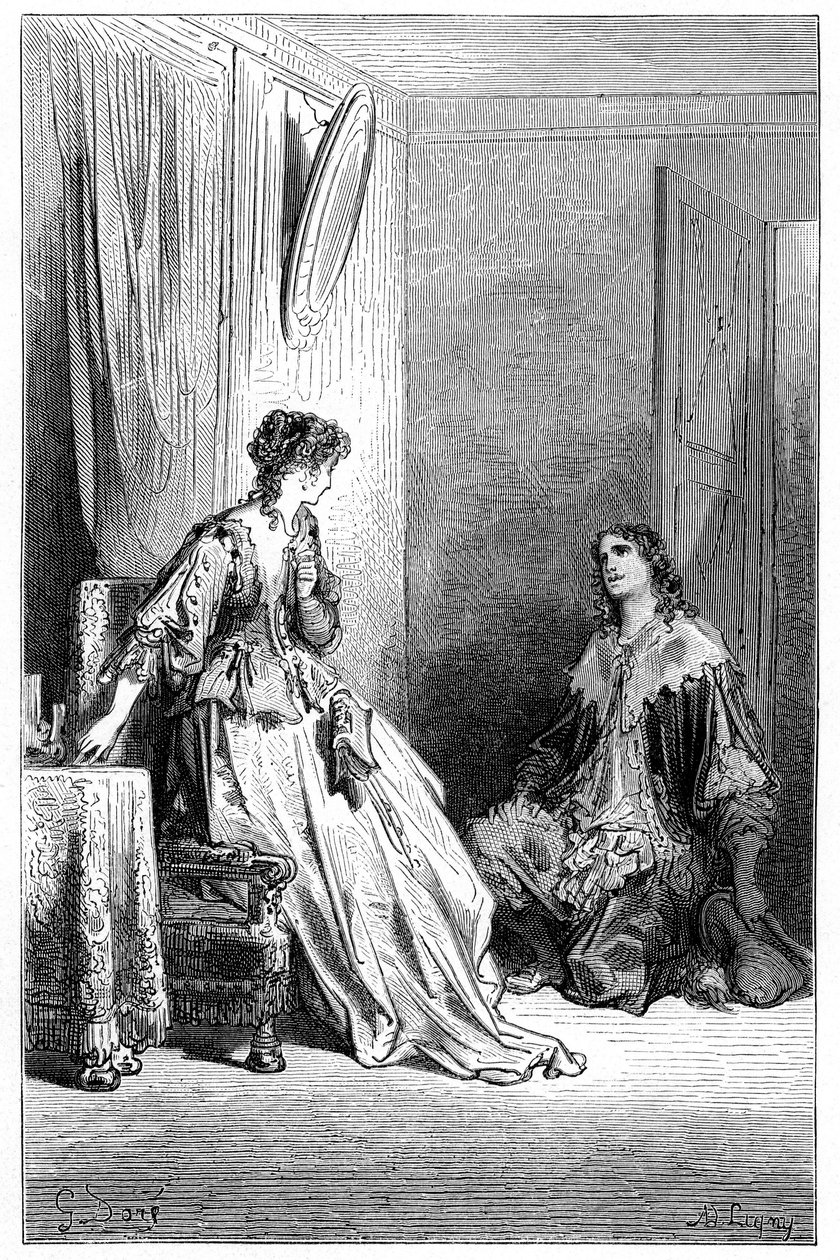 Vallombreuse polvistuu rakastamansa Isabellen eteen. Gustave Doren kaiverrus, joka kuvittaa Theophile Gautier