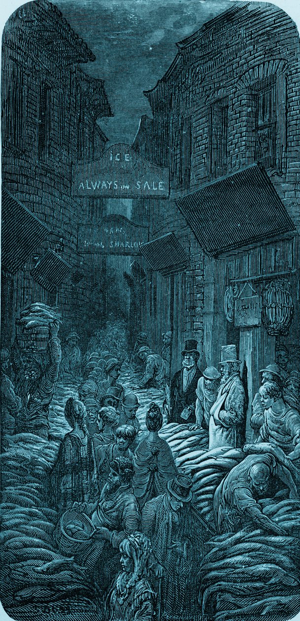 Gustave Dorén viktoriaaninen kalamarkkinoiden kaiverrus tekijältä Gustave Dore
