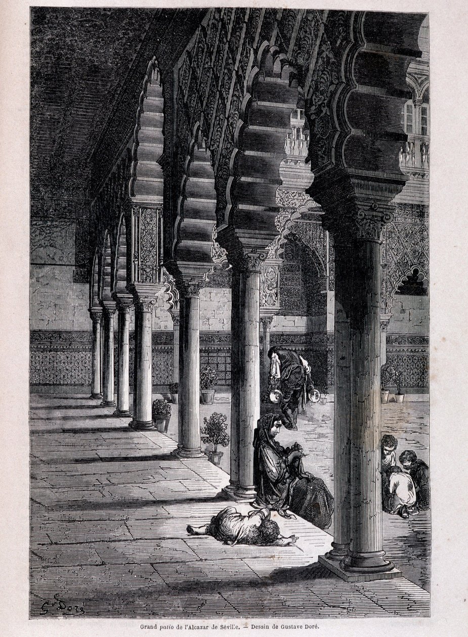 Näkymä Alcazarin suurelle patiolle Sevillassa - kirjoittanut Doré, "" Tour du Monde "", 2. sem. 1866. tekijältä Gustave Dore