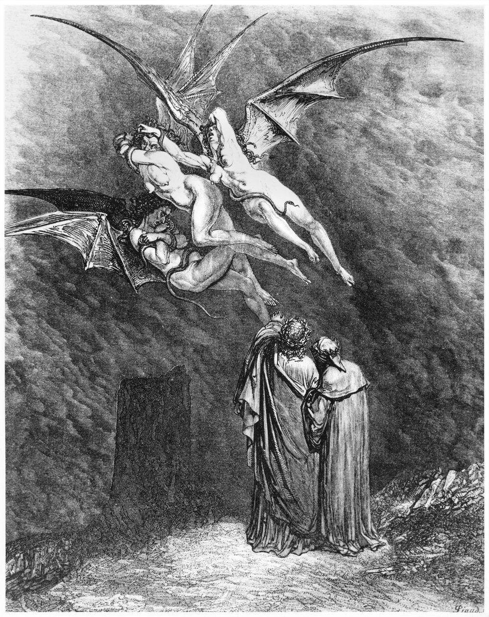 Vergilius (70-19 eKr.) Dante ja erinialaiset, kuvitus Dante Alighierin (1265-1321) teoksesta 