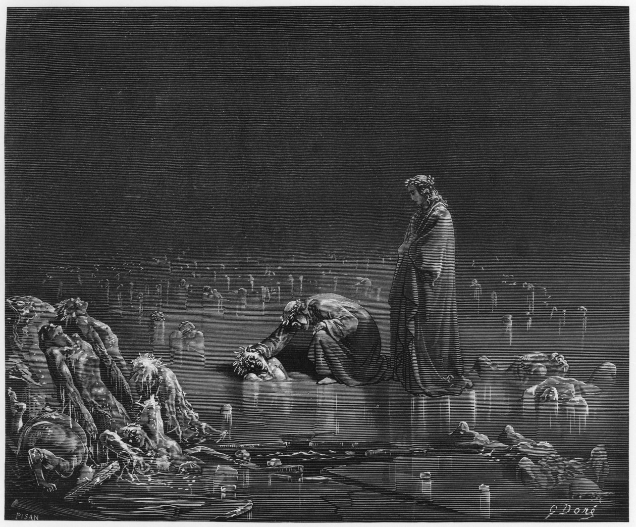 Vergilius (70-19 eKr.) ja Dante, kuvitus Dante Alighierin (1265-1321) Pariisin jumalallisesta komediasta (Inferno), julkaistu 1885 tekijältä Gustave Dore