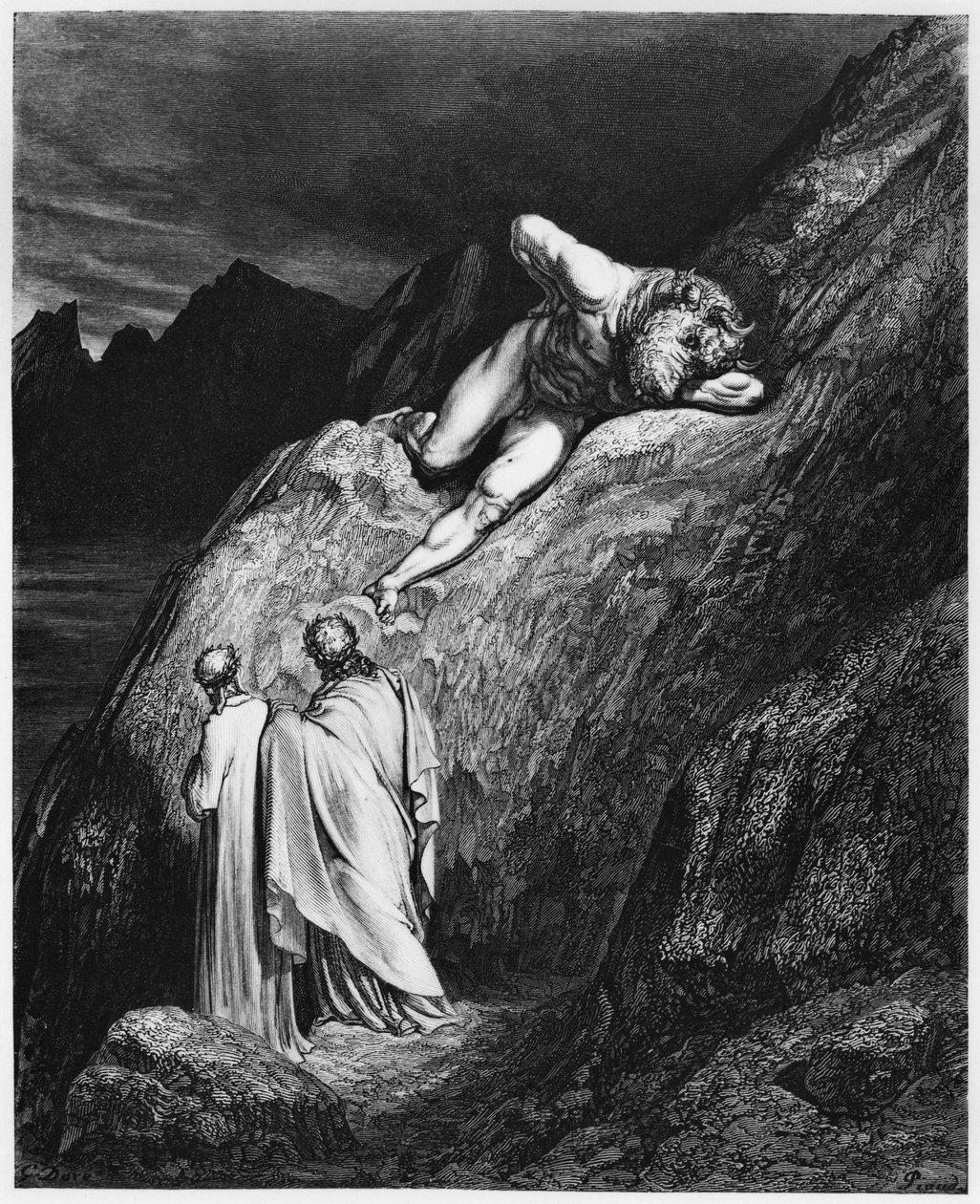 Vergilius (70-19 eKr.) ja Dante, kuvitus Dante Alighierin (1265-1321) teoksesta 