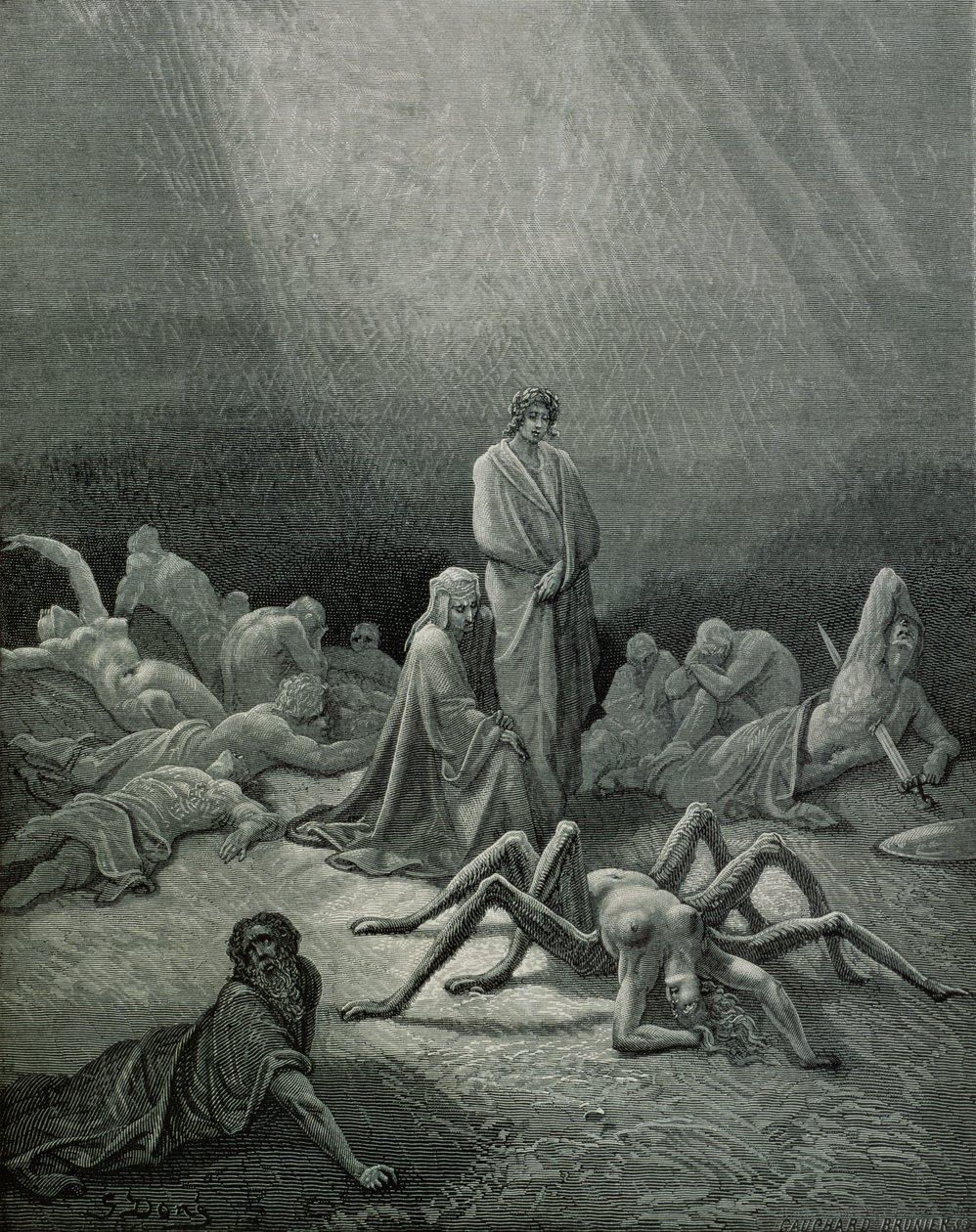 Vergilius (70-19 eKr.) ja Dante katselemassa hämähäkkinaista, kuvitus Dante Alighierin (1265-1321) Pariisin jumalallisesta komediasta (Inferno), julkaistu 1885 tekijältä Gustave Dore