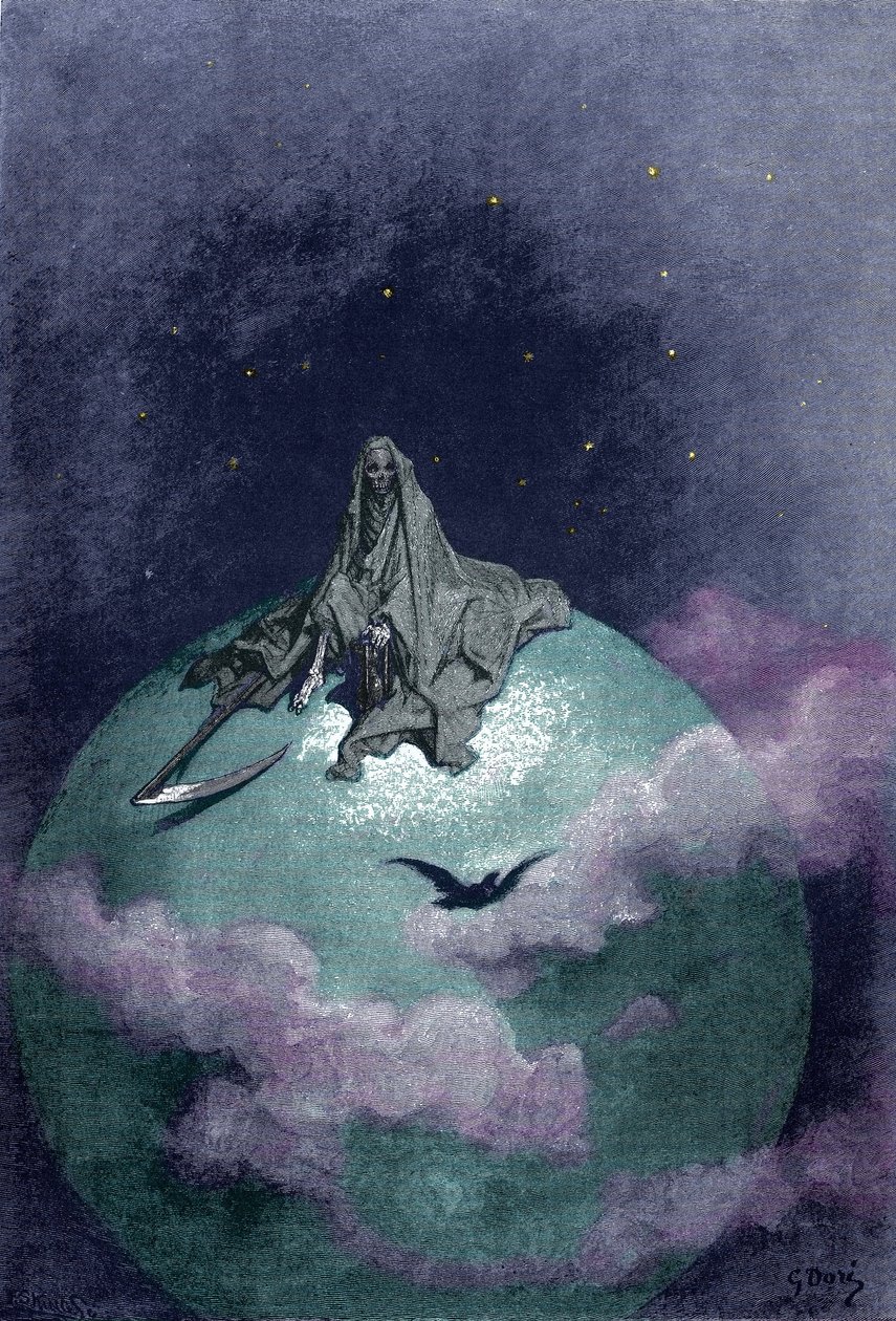 Visio kuolemasta, joka istuu maapallolla väärennetyksineen. Kuvitus Gustave Dore tekijältä Gustave Dore
