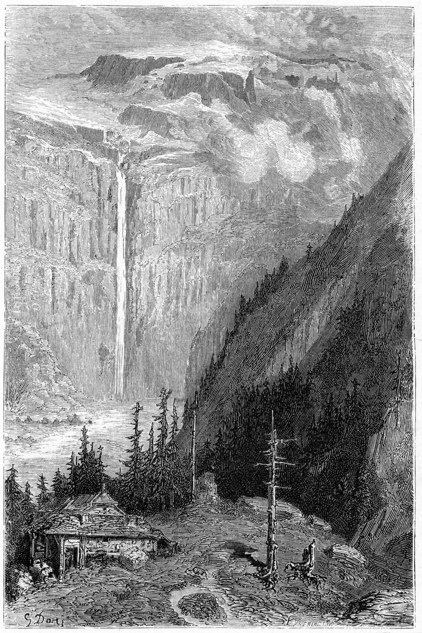 Cirque de Gavarnien vesiputous majatalosta katsottuna: Gustave Doren kaiverrus, joka kuvittaa Hippolyte Tainen kirjaa "Voyage aux Pyrenees", Hachette 1860. tekijältä Gustave Dore