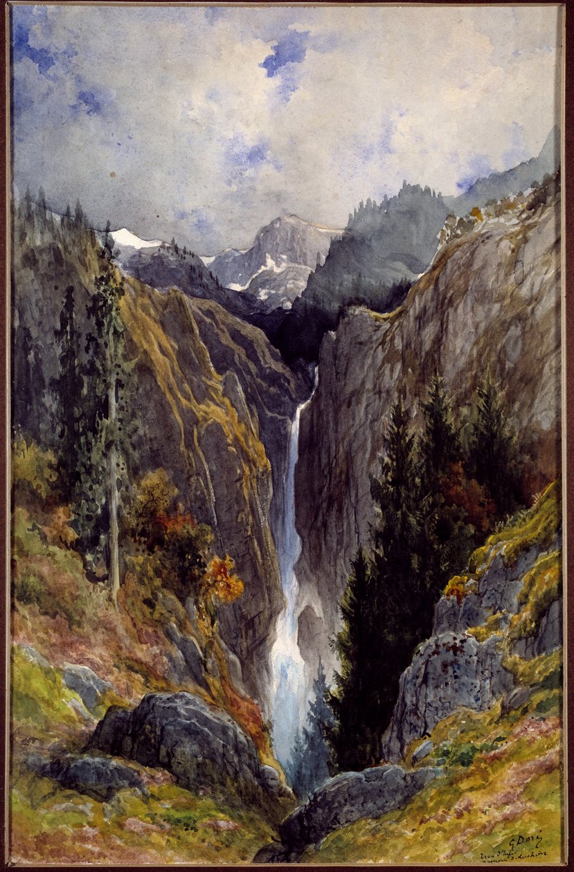 Helvetin aukon vesiputous Lysin laaksossa. Gustave Doren (1832-1883) maalaus tekijältä Gustave Dore
