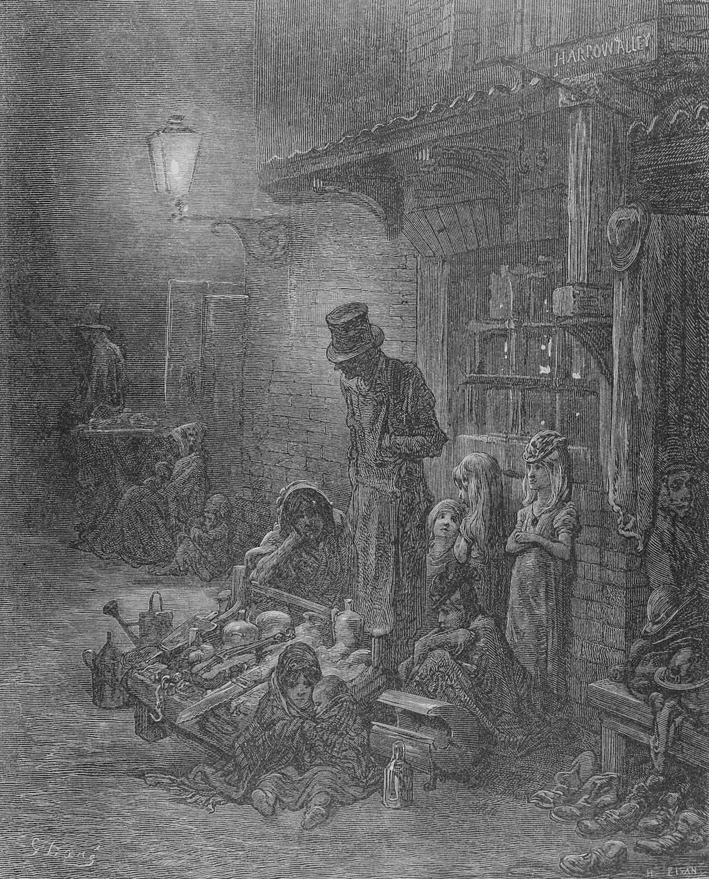 Wentworth Street, Whitechapel, William Blanchard Jerroldin (1826-84) teoksesta "London: A Pilgrimage", kaivertanut Heliodore Joseph Pisan (1822-90), julkaistu 1872 tekijältä Gustave Dore