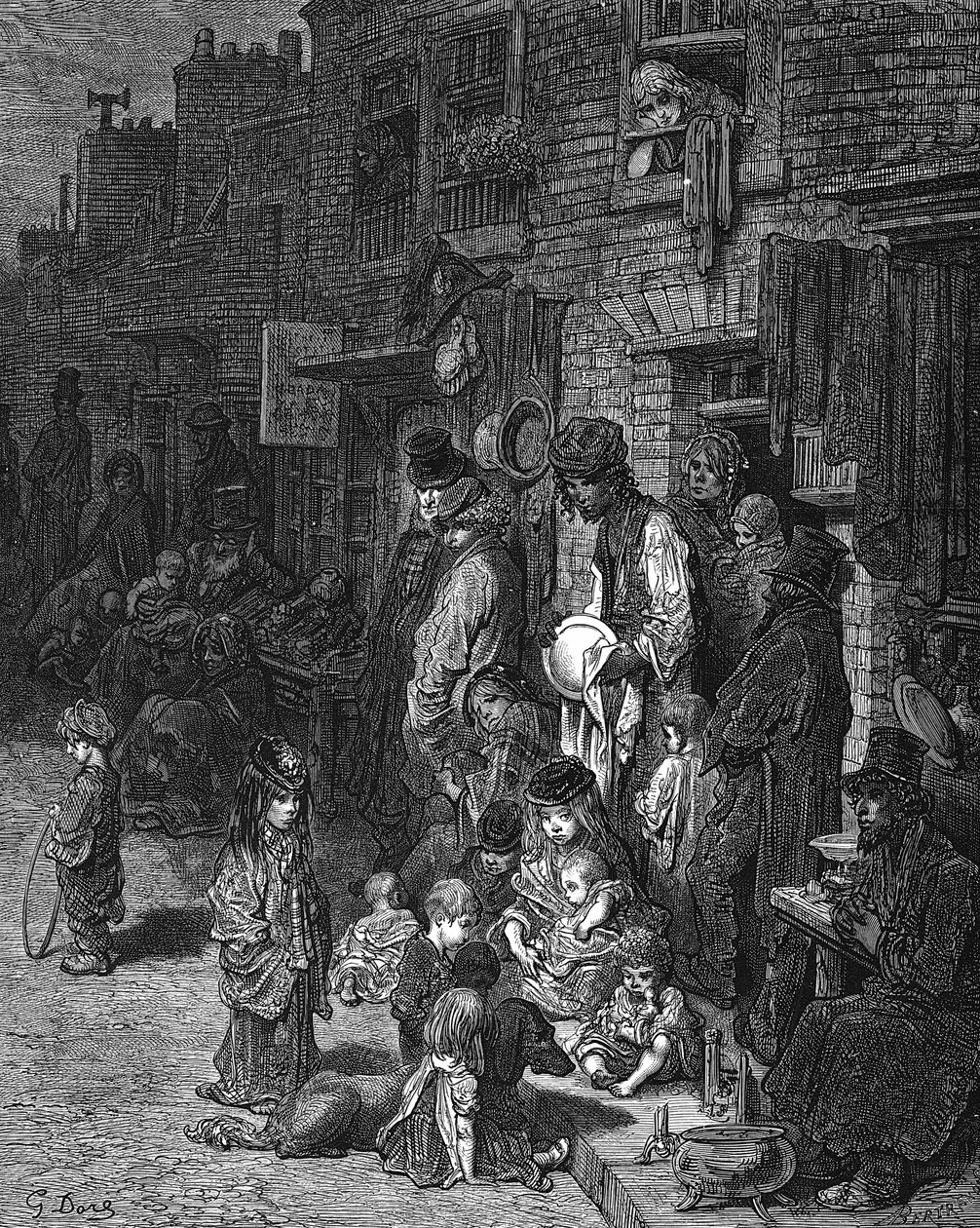 "Wentworth Street, Whitechapel", kaupungin köyhä juutalaiskortteli: Gustave Doresta ja Blanchard Jerroldista: Drold-Jerroard: A Pilgrimage London 1872. Puukaiverrus tekijältä Gustave Dore
