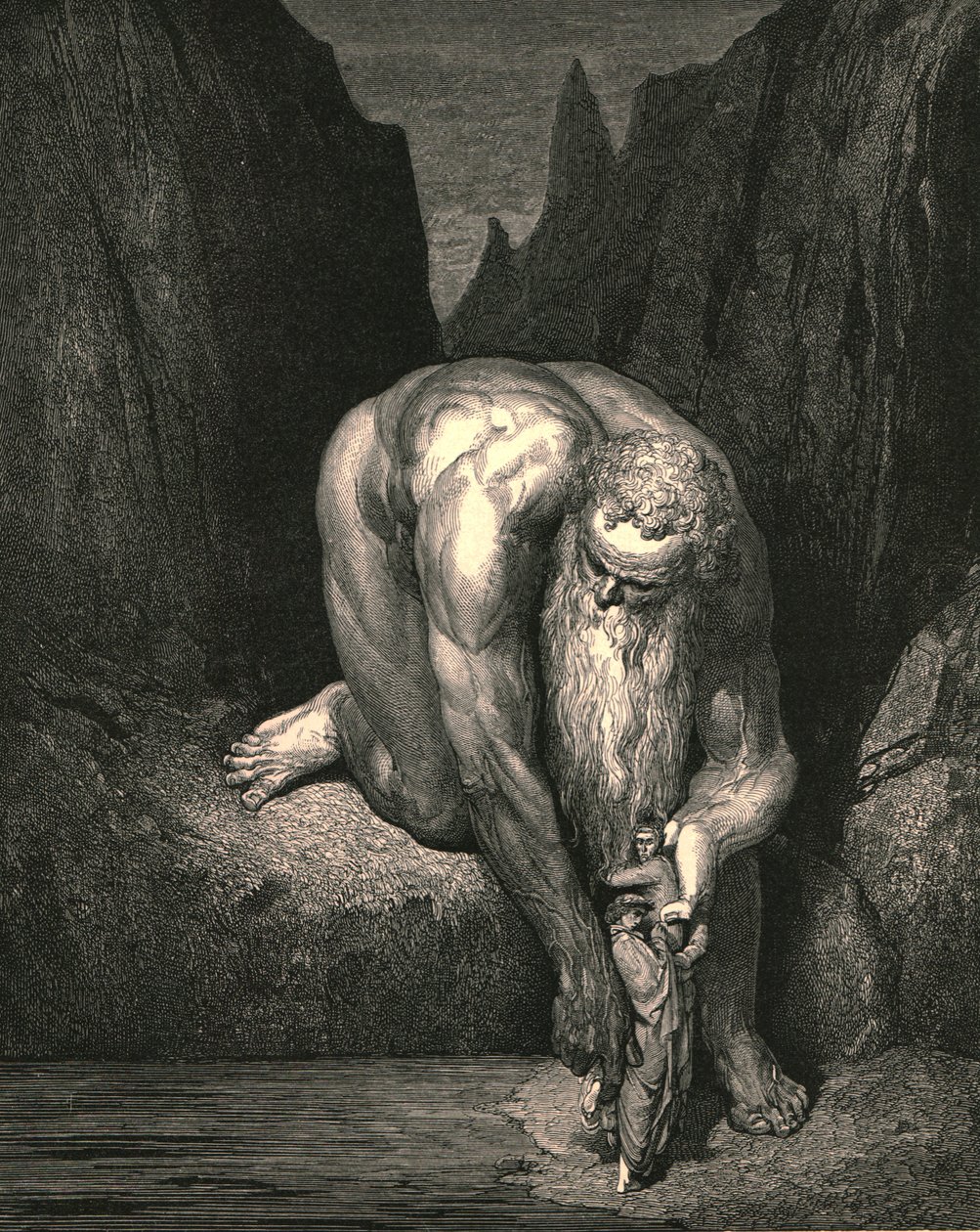 Mutta kuiluun, tuo Lucifer Juudaksen kanssa nielaisi alas, hän asetti meidät kevyesti, 1890. tekijältä Gustave Dore