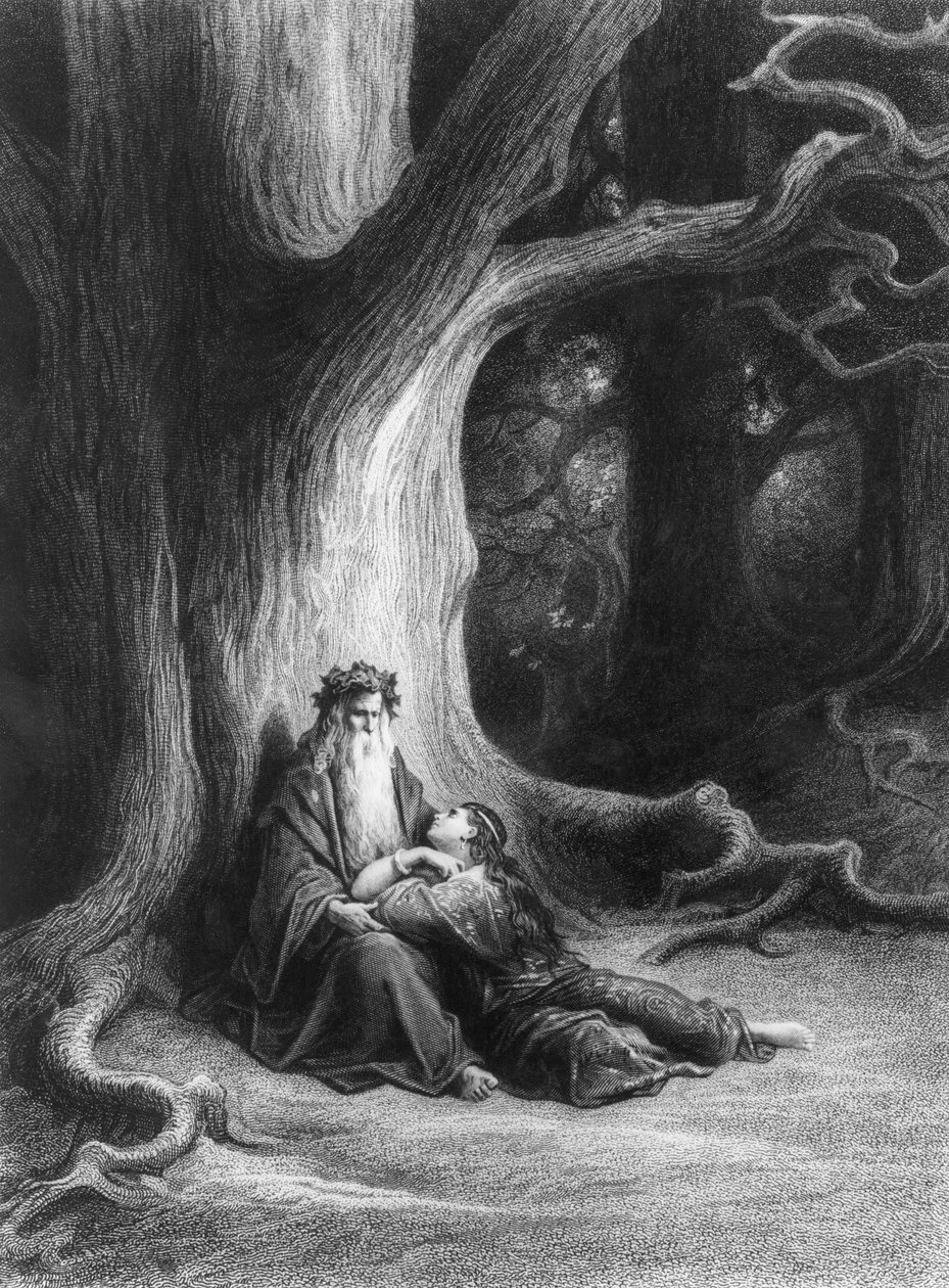 Taikuri Merlin ja keiju Vivien Brocélianden metsässä. Perustuu Alfred Tennysonin runoon "Vivien" (julkaisija Hachette, Pariisi, 1868) tekijältä Gustave Dore