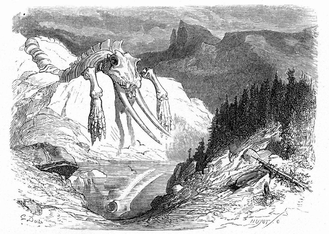 Gustave Doren kaiverrus noin vuonna 1850: apokalyptinen vedenpaisumus, jonka seurauksena vuorelle on pudonnut erilaisia hirviöeläimiä. Kuvitus Hippolyte Tainen kirjaan "Matka Pyreneille", jossa fossiilisten luiden esiintyminen on osoitettu. tekijältä Gustave Dore