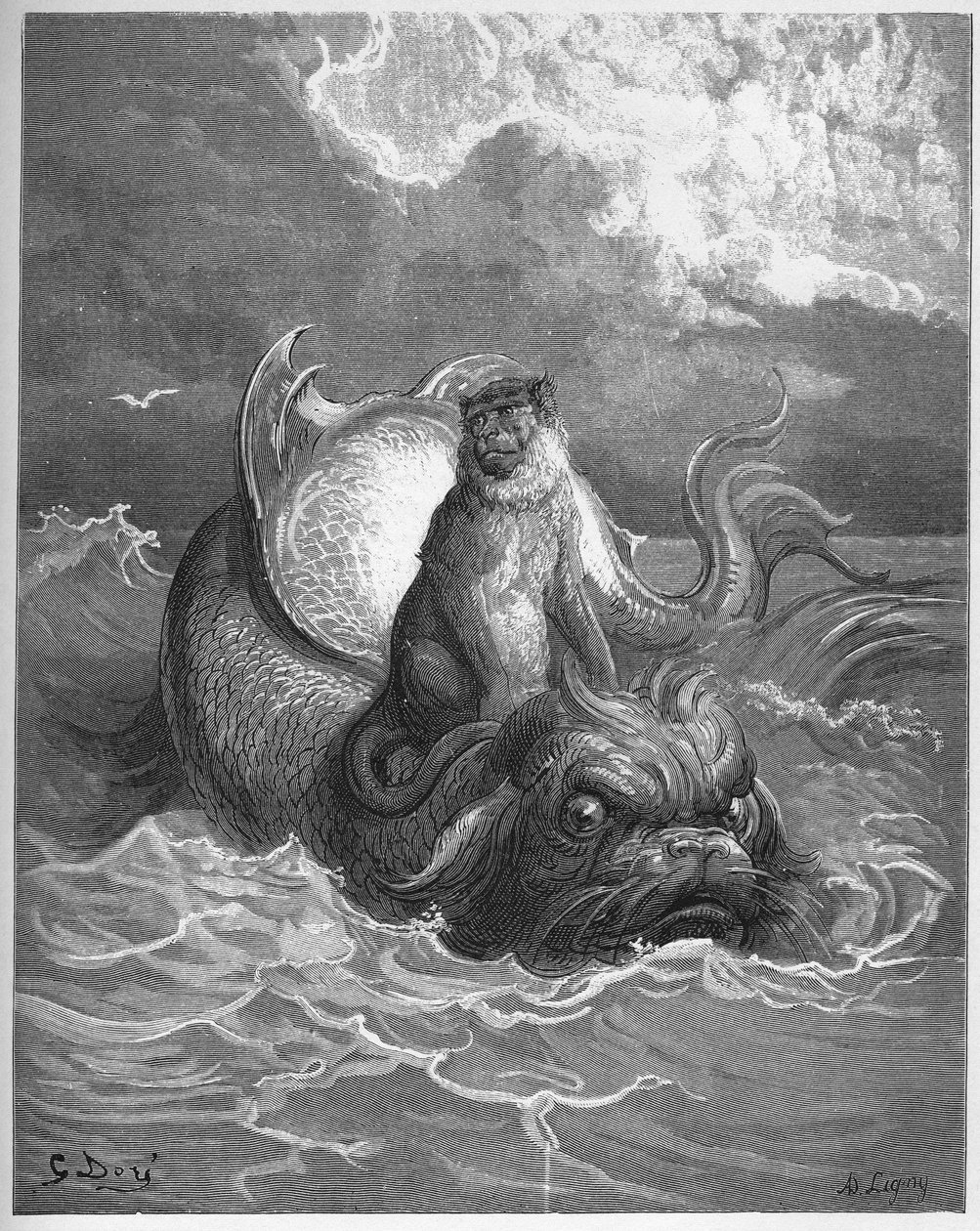 apinat ja delfiinit - Jean de La Fontainen "Fablesista". tekijältä Gustave Dore