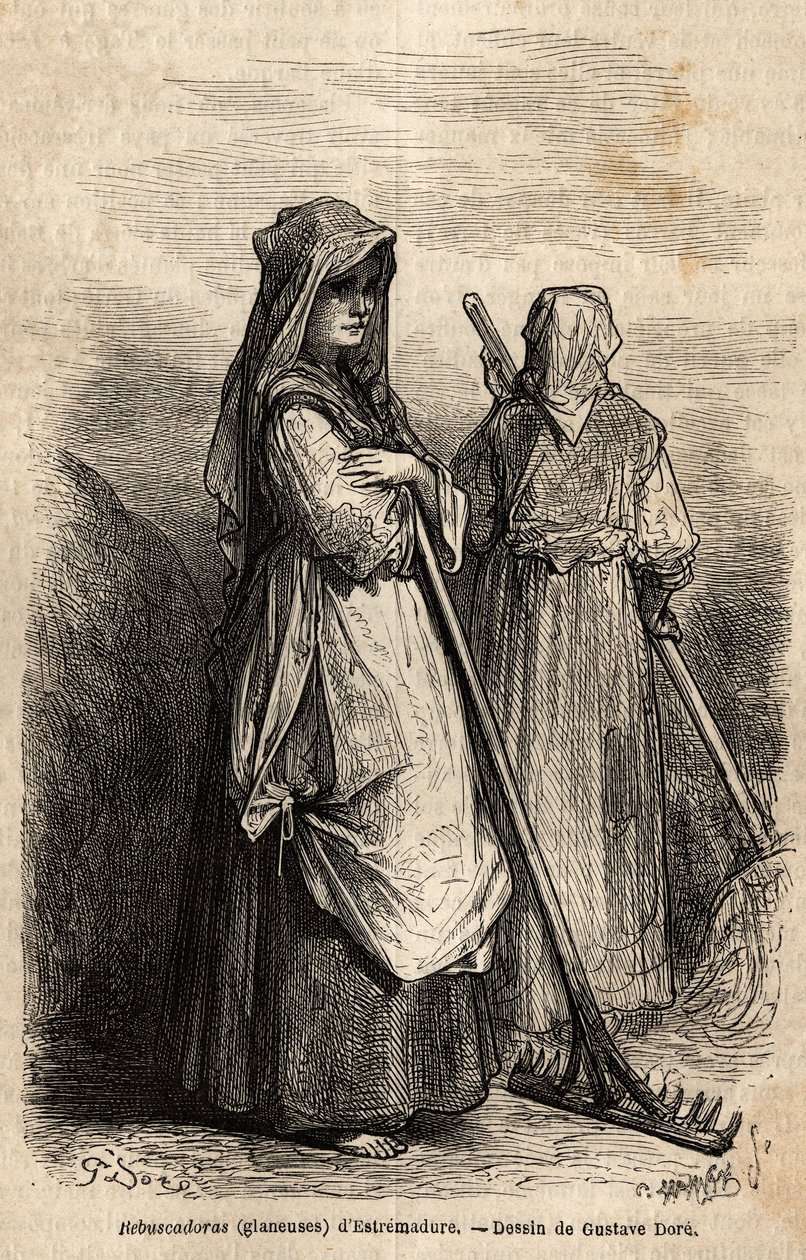 Estremaduren keräilijät isoilla puisilla haravoillaan poimimaan sadonkorjuun jälkeen pelloille unohtuneen sadon osan. Gustave Doren (1832-1883) kuvittaja ja Baron Ch. Davillier reagoi tekijältä Gustave Dore