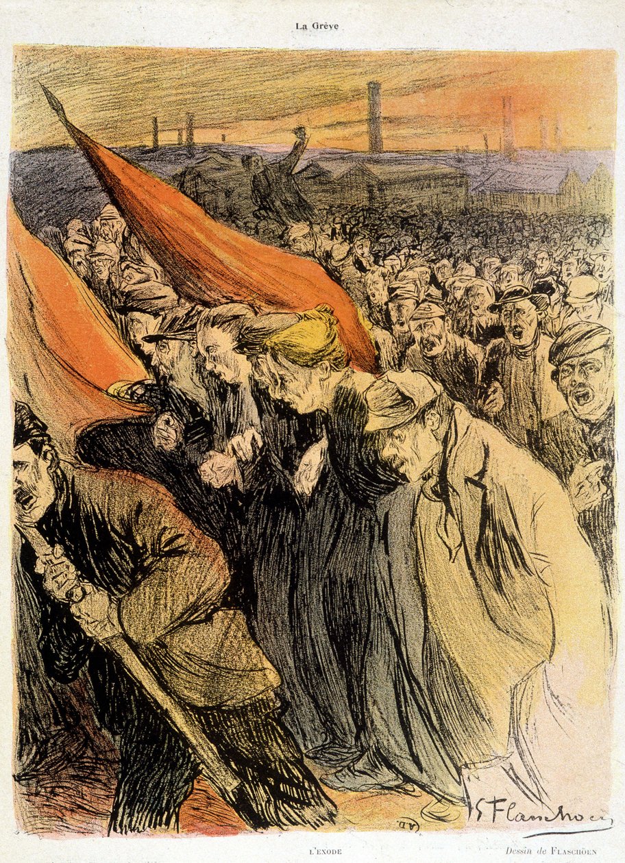 Multitud corba amb banderes vermelles, “” La Grève”” de Flaschoën, deb. 20 s.finès tekijältä Gustave Flasschoen