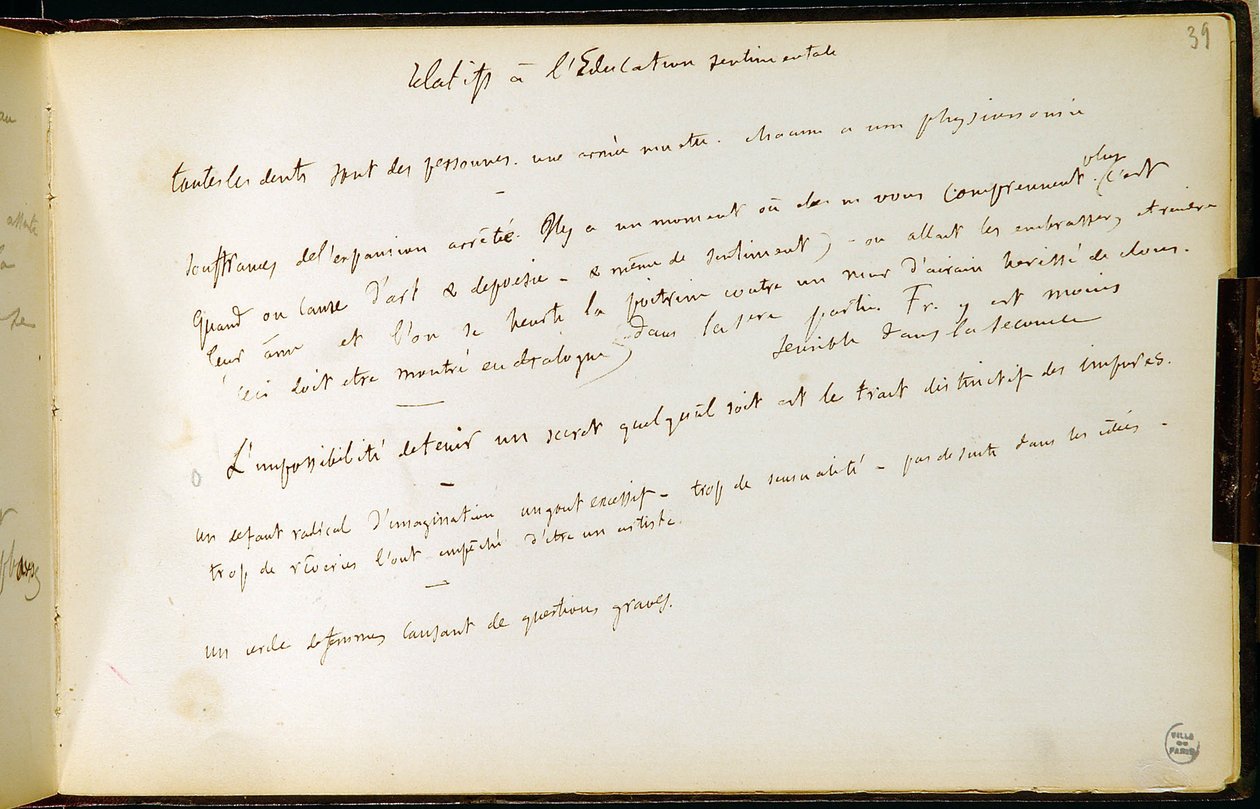 Työkirjan folio 39 n. 19 Gustave Flaubertin luonnosten käsikirjoitussivu. Suunnitelmat tunnekasvatusta varten. BHVP. tekijältä Gustave Flaubert