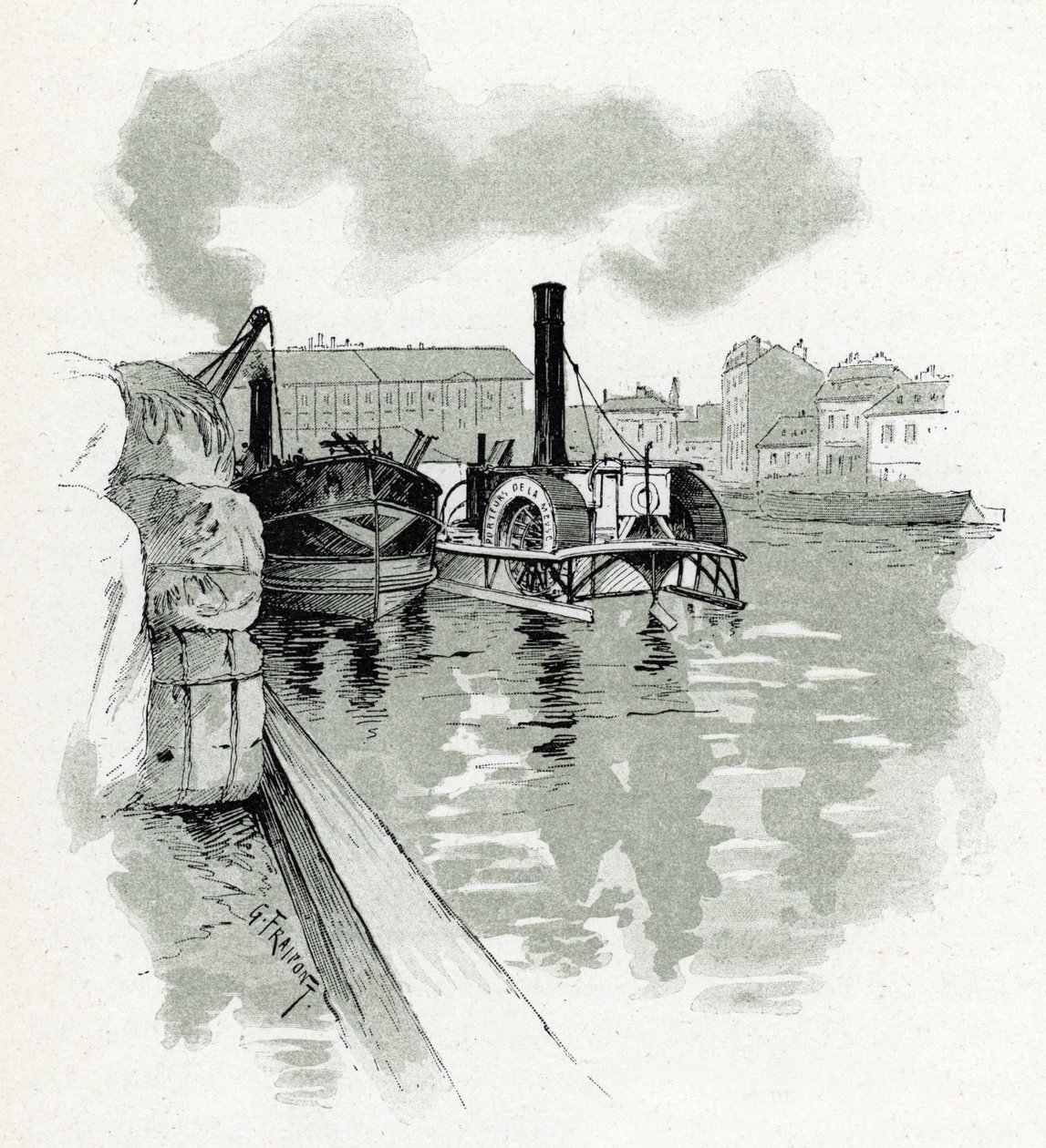 Veneet kiinnittymässä La Villetten satamaan, Pariisiin (Veneet La Villetten satamassa, Pariisi) Gustave Fraipontin (1849-1923) piirustus Saint-Juirsin teoksesta "La seine a travers Paris" tekijältä Gustave Fraipont