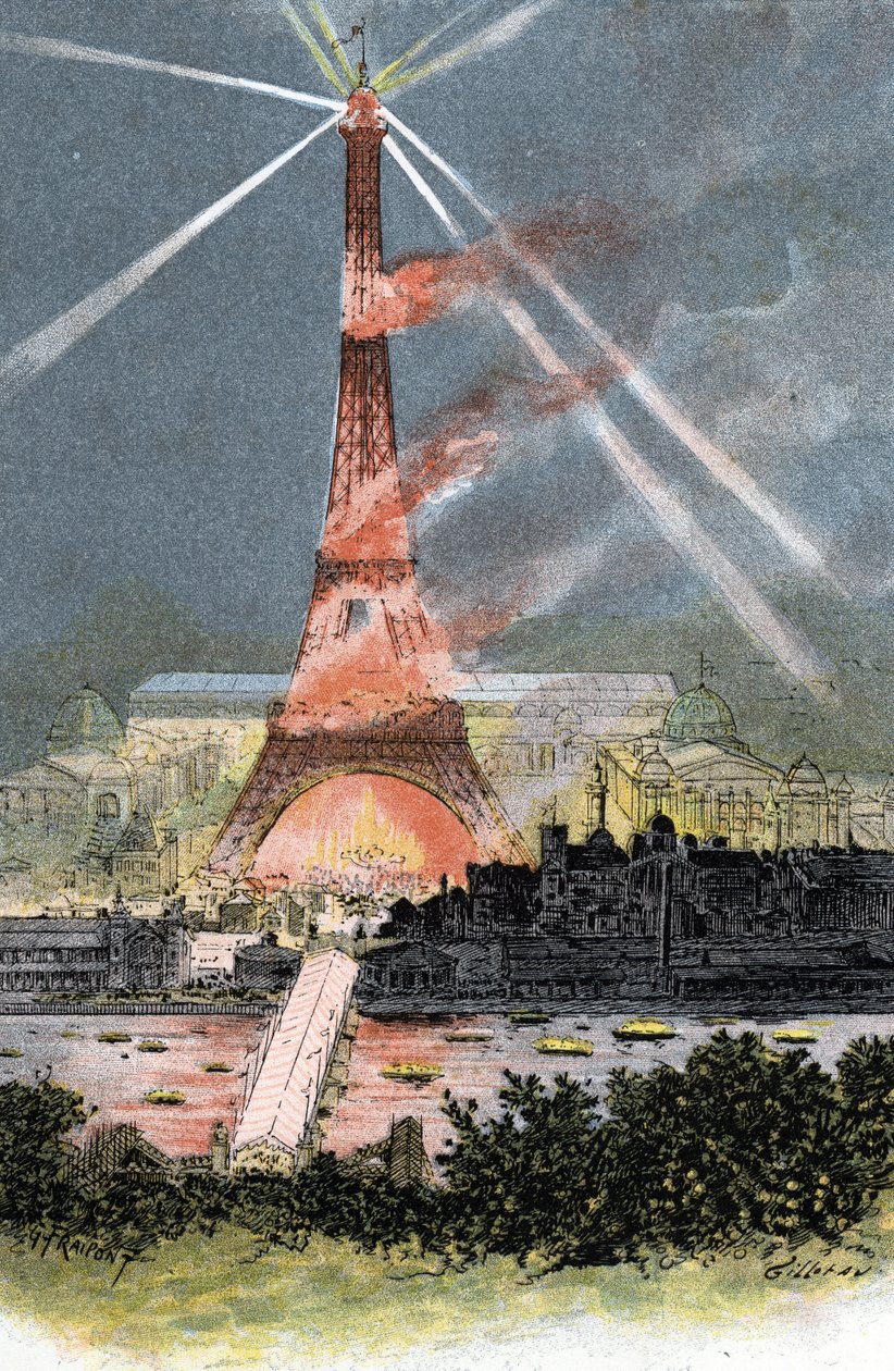Eiffel-torni valaistu maailmanmessuilla Pariisissa 1889 Gustave Fraipontin (1849-1923) piirustus Saint-Juirsin "La seine a travers Paris" -teoksesta tekijältä Gustave Fraipont