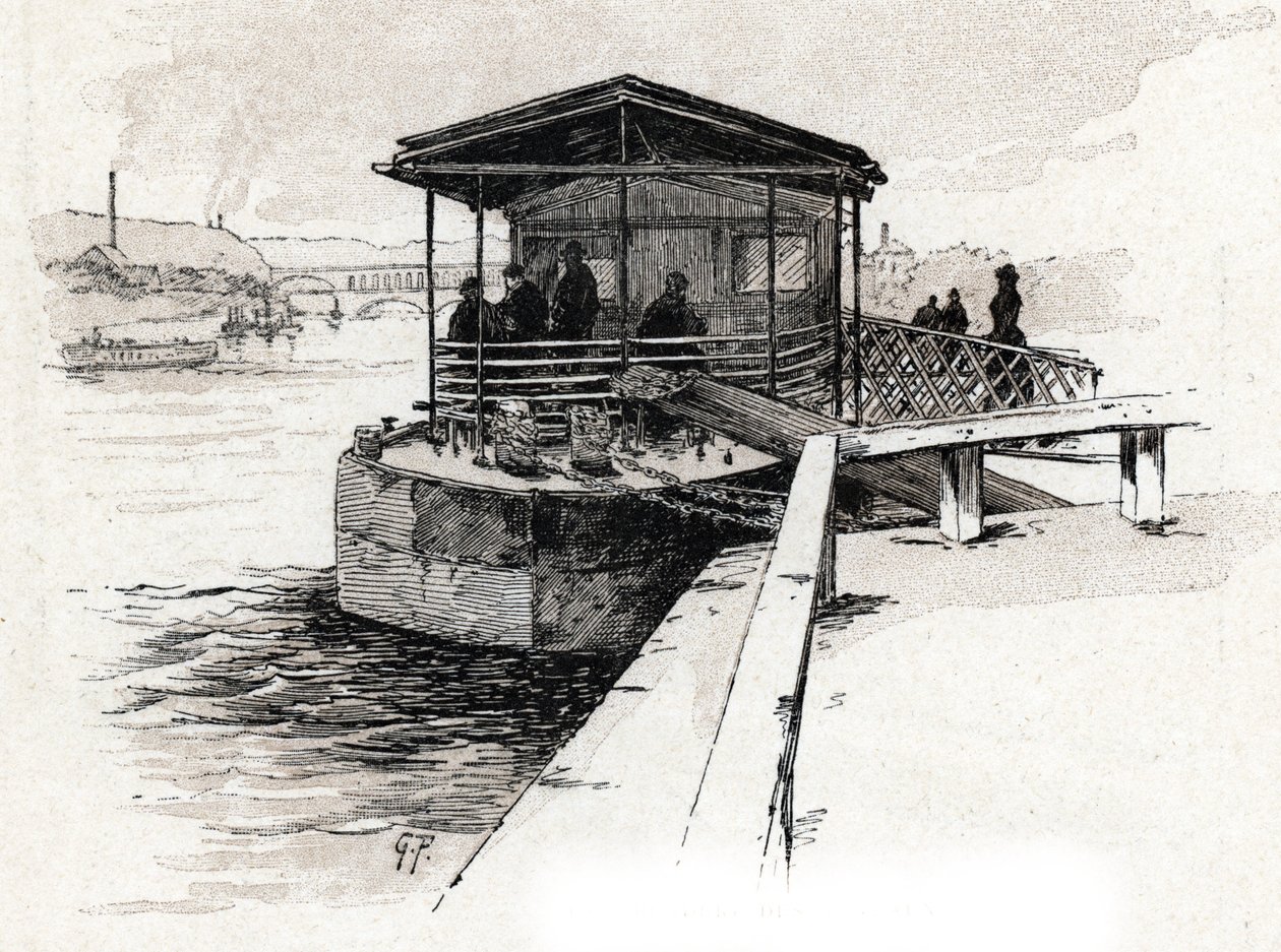 Embarcadere des Bateaux-mouches (Bateaux-mouches) sur la Seine, Pariisi (Näkymä Seine-joen turistivenelaiturille, Pariisi) Gustave Fraipontin (1849-1923) piirros on peräisin Saint-Juirsin teoksesta La seine a travers Paris ” tekijältä Gustave Fraipont